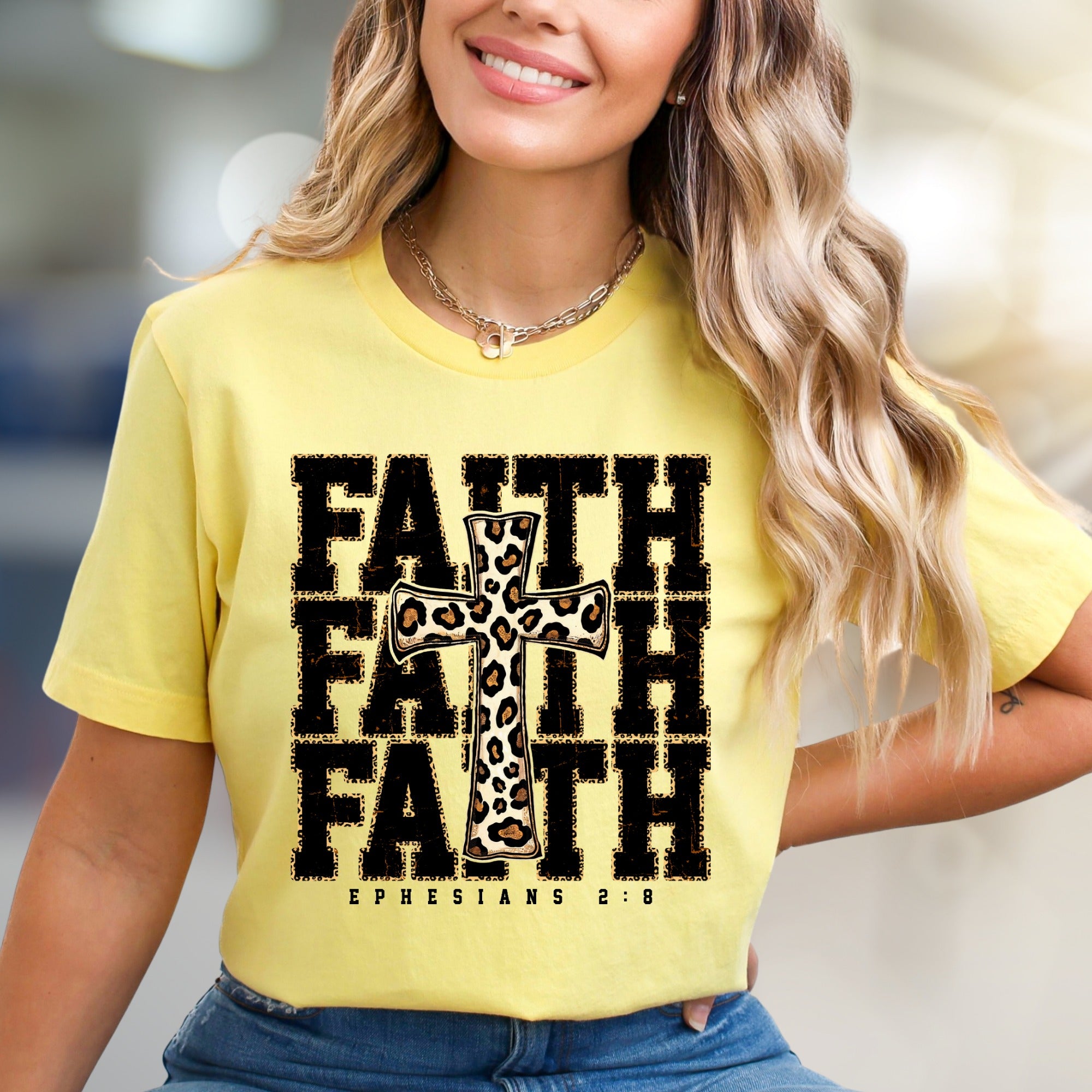 "Faith Ephesians 2:8" Leopard Print Cross Graphic Tee, a Spiritual Boho Pick for Believers