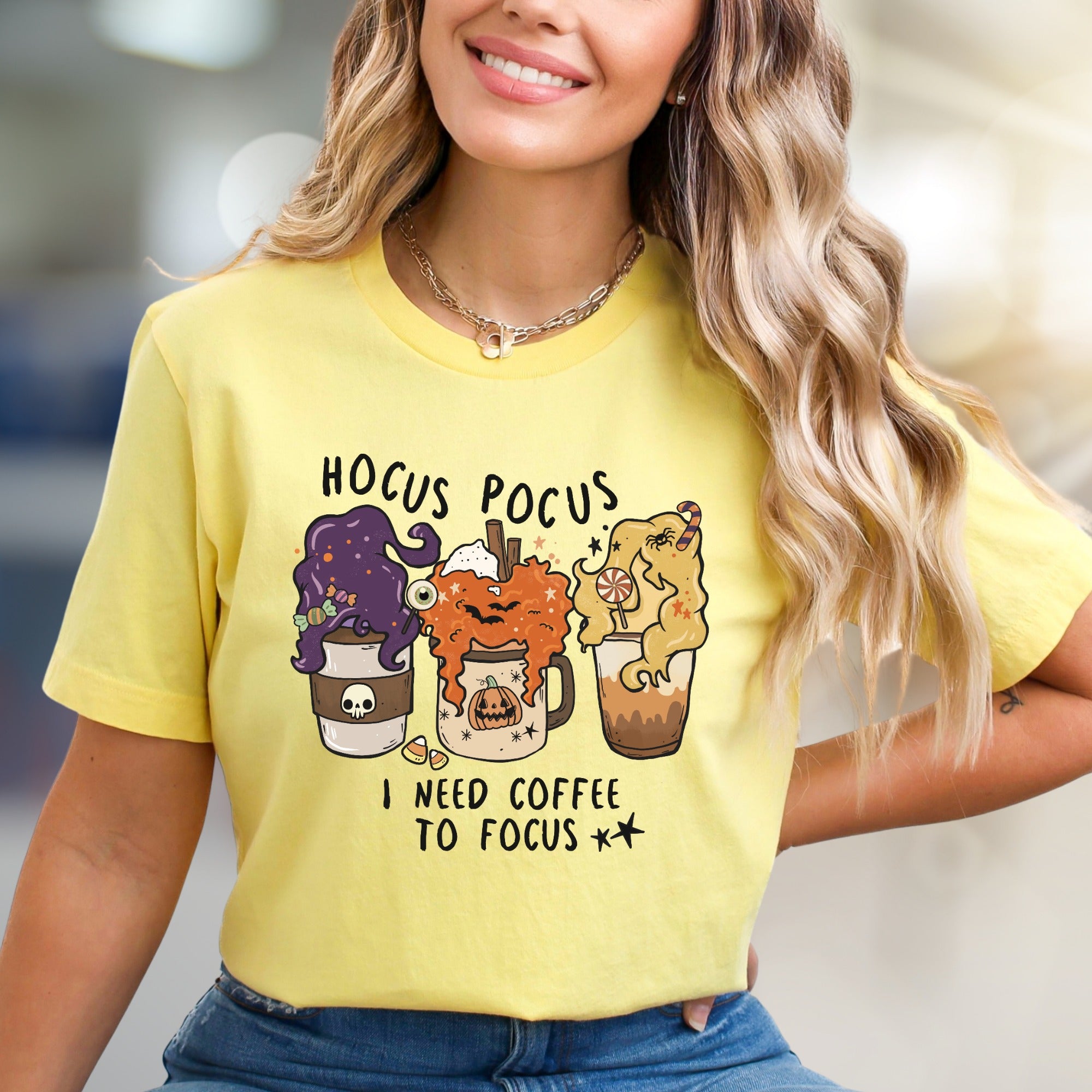 "Hocus Pocus I Need Coffee to Focus" Halloween Coffee Graphic Tee, a Spooky Funny Pick for Caffeine Lovers
