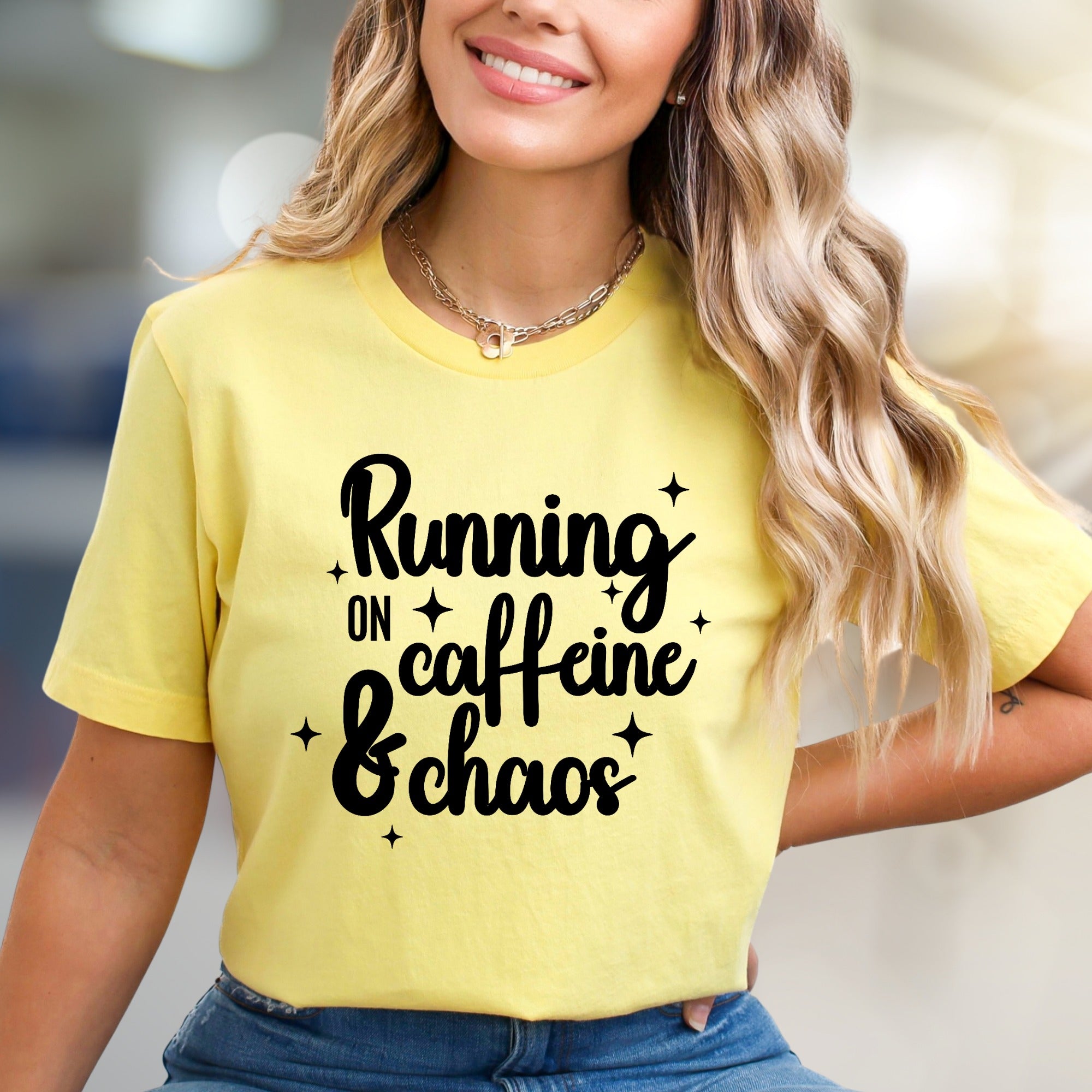 "Running on Caffeine & Chaos" Graphic Tee, a Witty Pick for Coffee Lovers