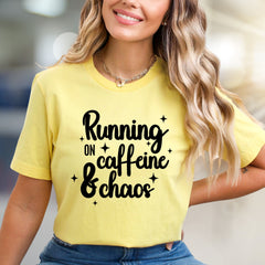 "Running on Caffeine & Chaos" Graphic Tee, a Witty Pick for Coffee Lovers