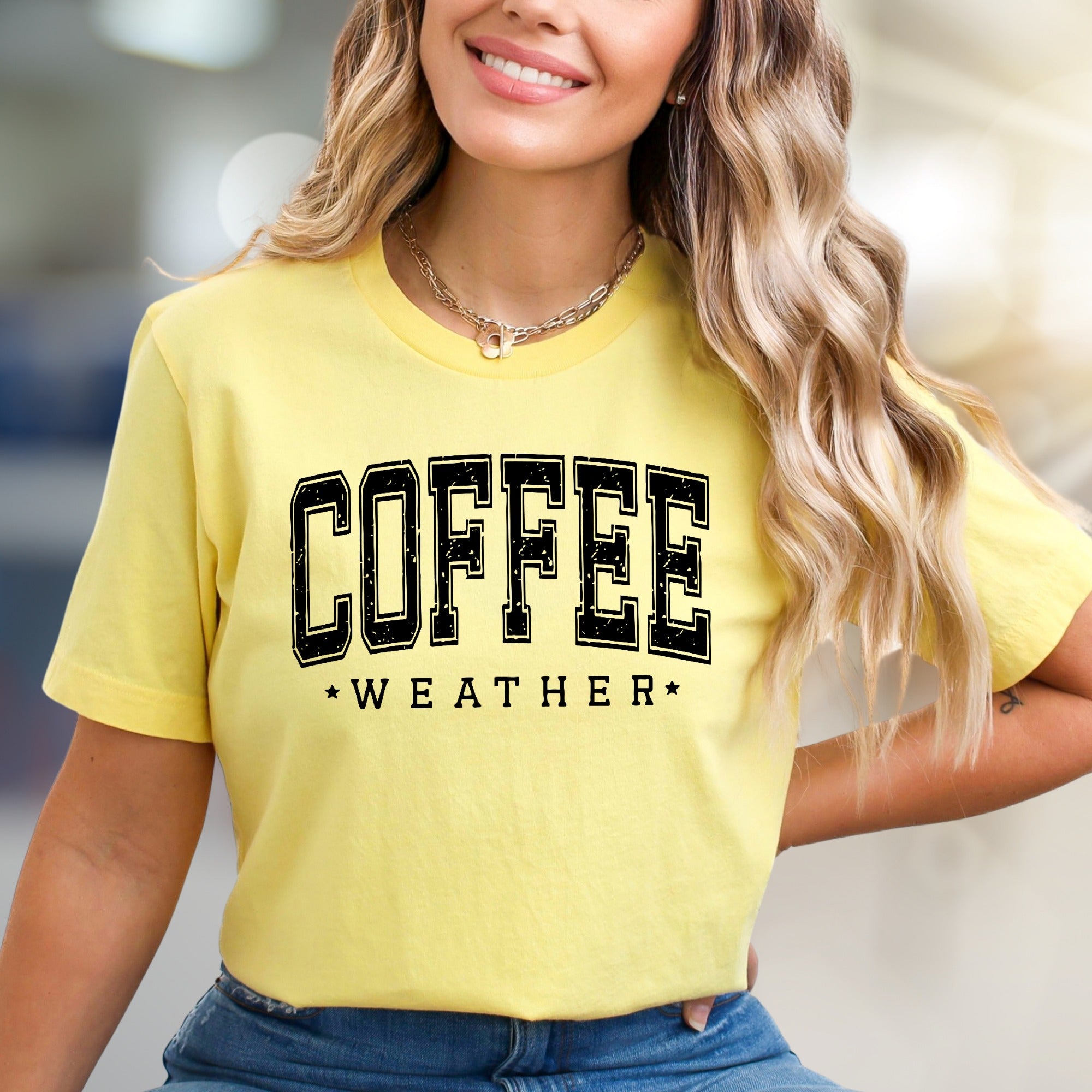 "Coffee Weather" Rustic Collegiate Graphic Tee, a Cozy Pick for Beverage Lovers
