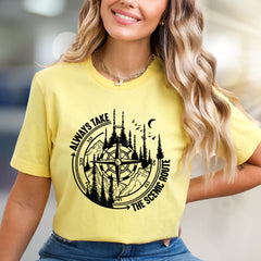 "Always Take The Scenic Route" Wilderness Compass Graphic Tee, an Adventure Enthusiast Pick for Outdoor Lovers