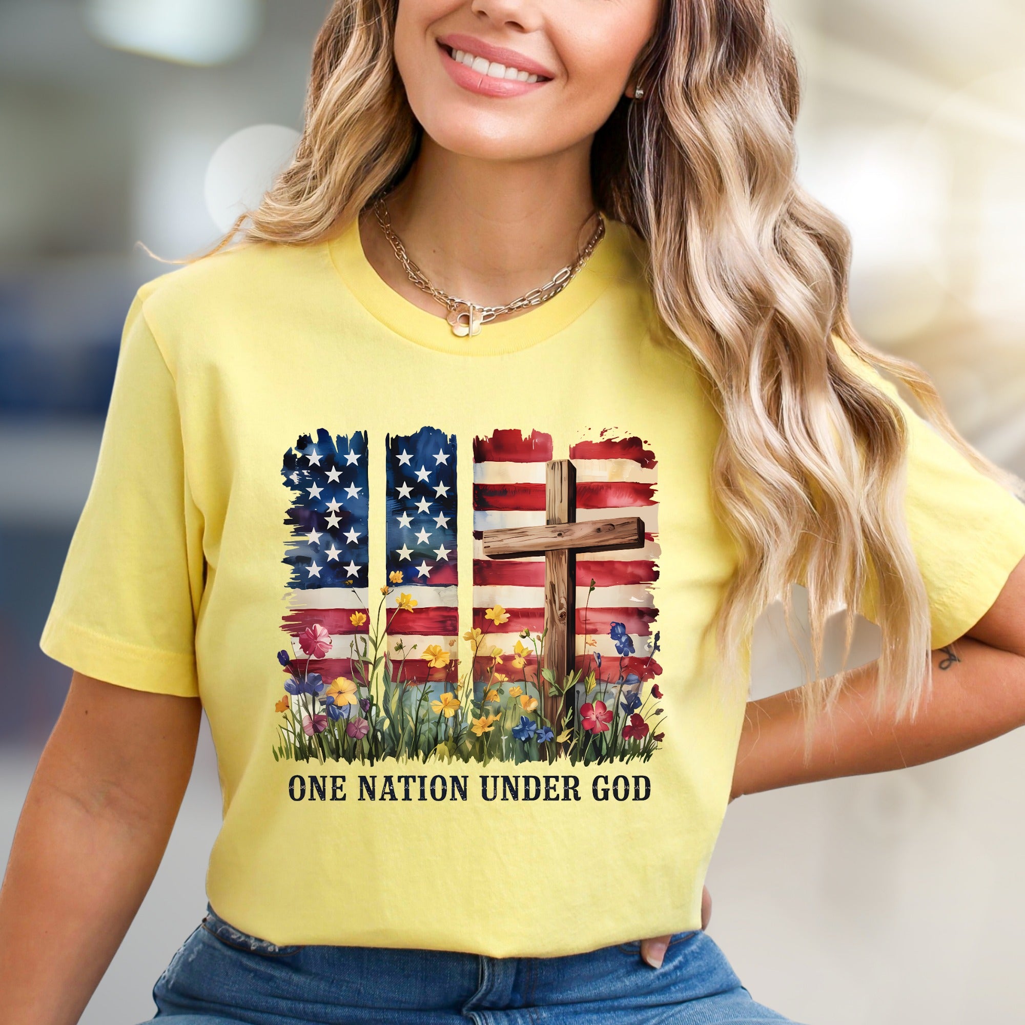 "ONE NATION UNDER GOD" Patriotic Floral Graphic Tee, A Faith-Inspired Statement for Believers