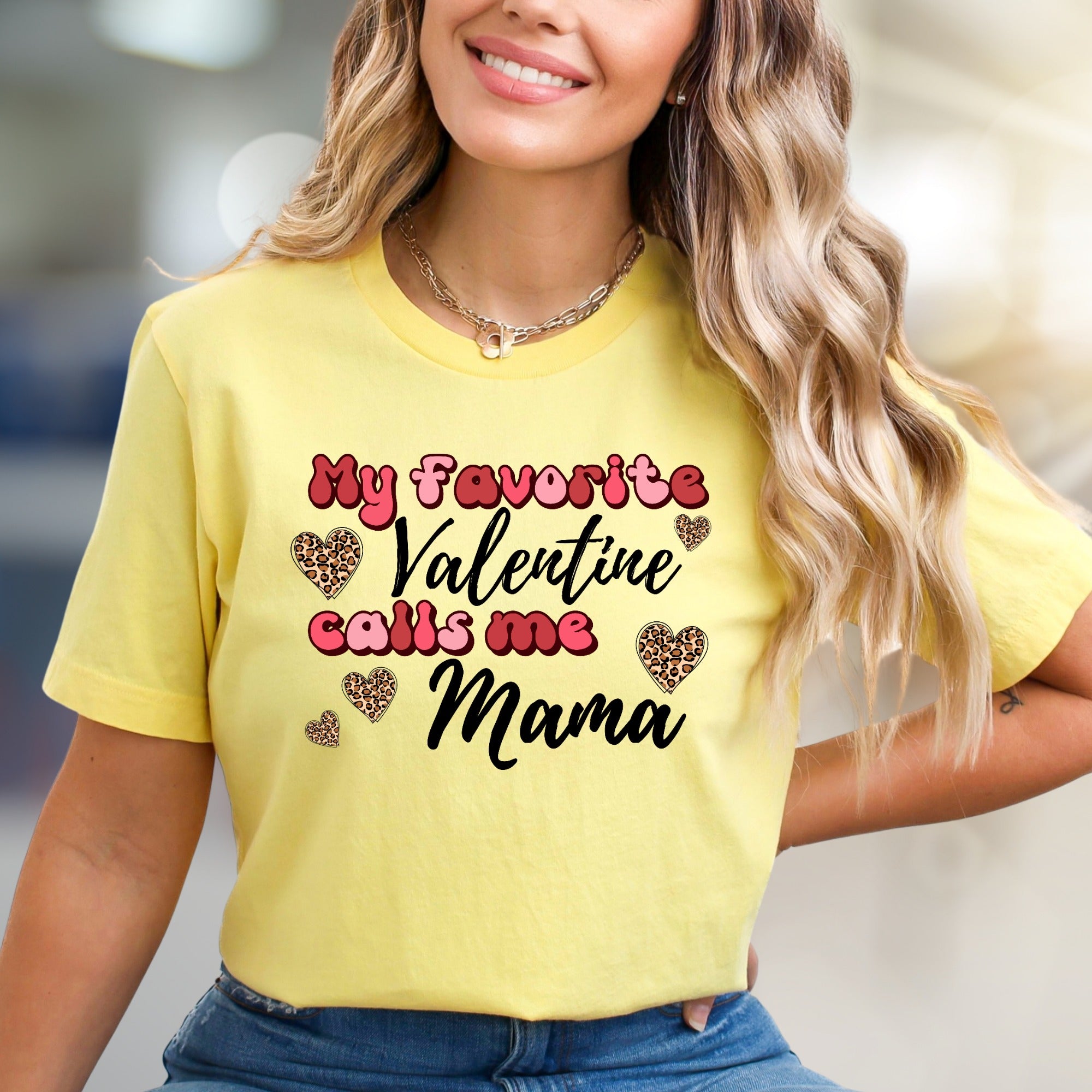 "My Favorite Valentine Calls Me Mama" Leopard Hearts Graphic Tee, a Sweet Gift for Moms