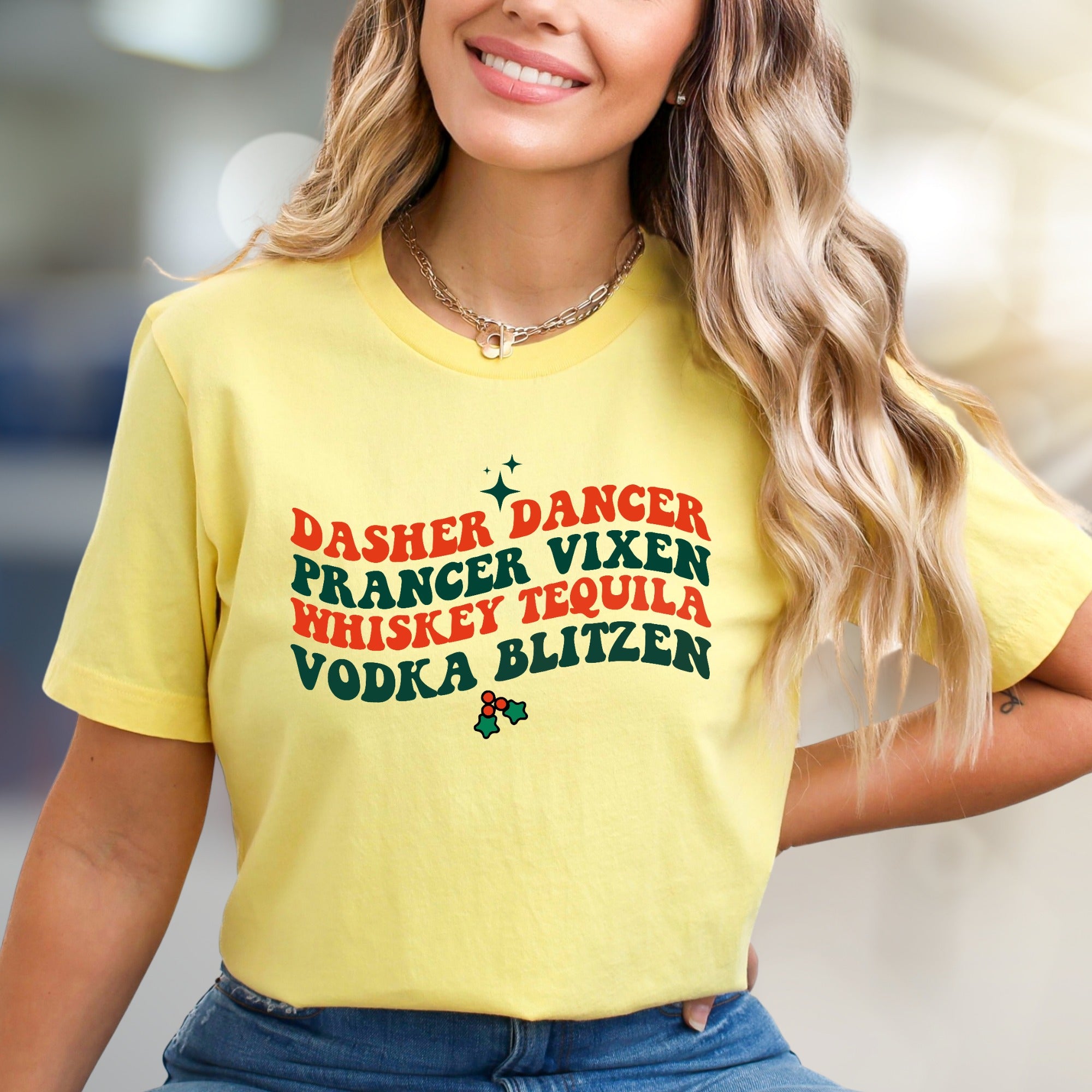 "Dasher Dancer Vixen Whiskey Tequila Vodka Blitzen" Festive Graphic Tee, a Holiday Humor Pick for Party-Goers