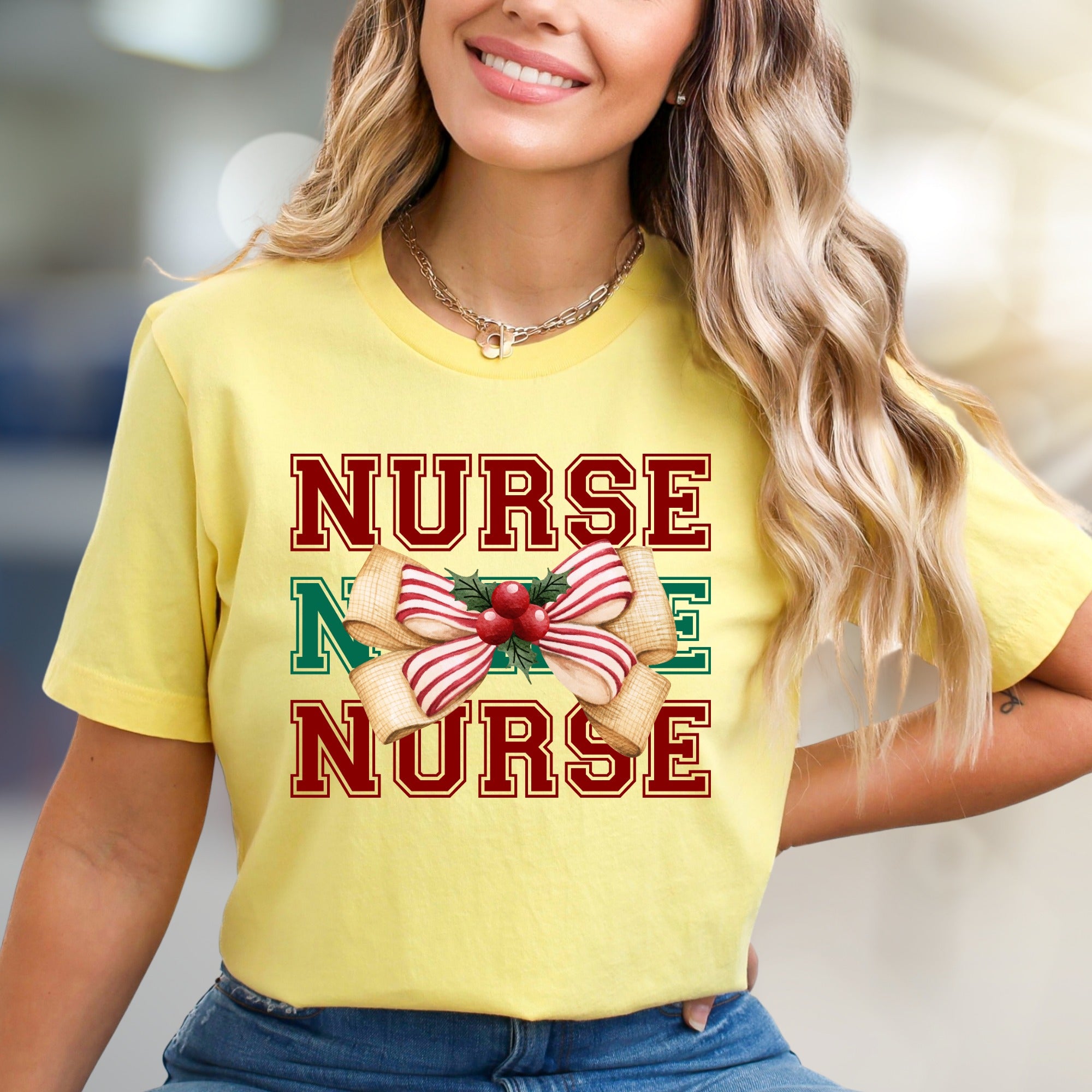 "Nurse" Holiday Bow Graphic Tee, a Festive Appreciation for Caregivers
