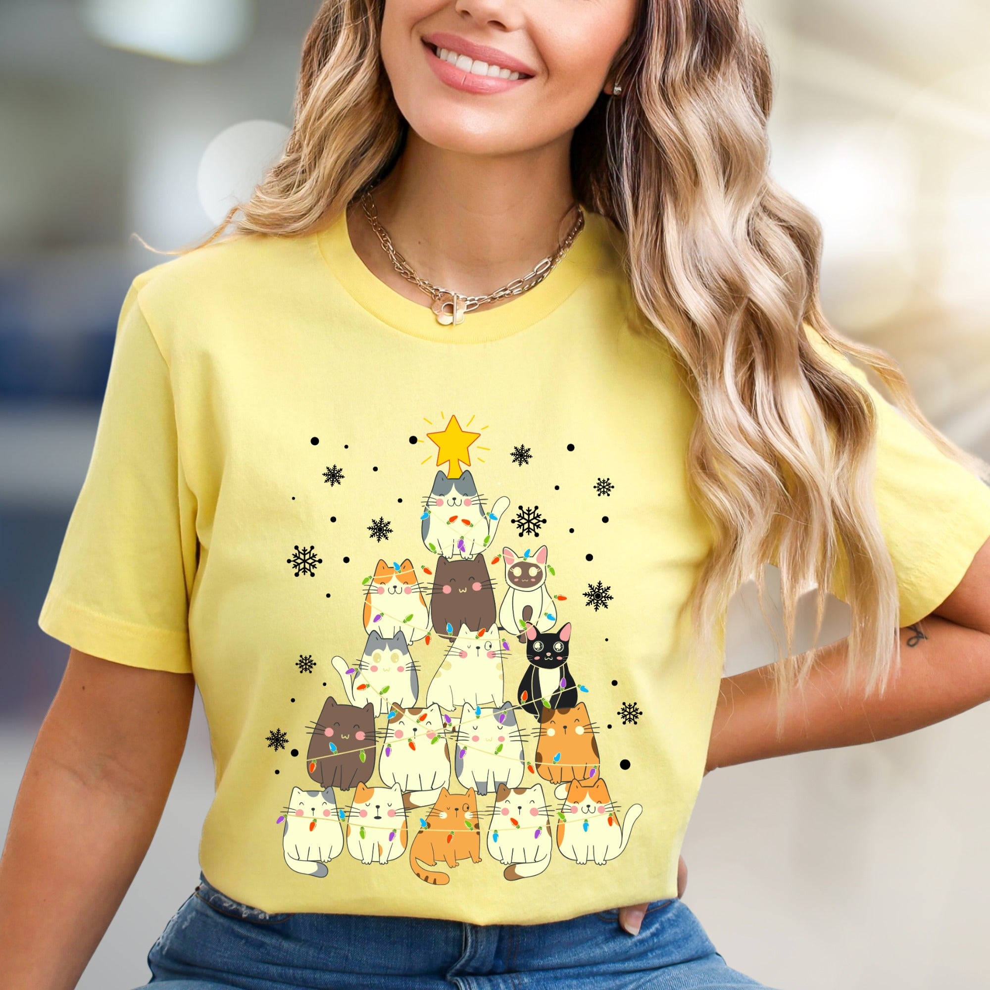 Charming Cat Christmas Tree Graphic Tee, A Cozy Holiday Pick for Pet Lovers