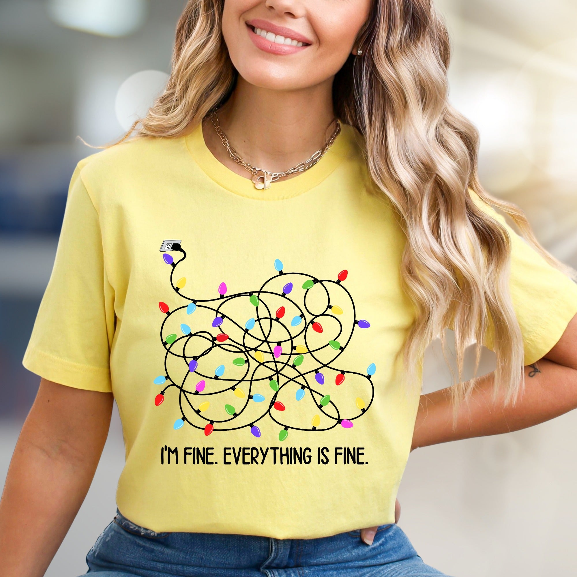 "I'm Fine. Everything Is Fine." Tangled Lights Graphic Tee, a Humorous Holiday Pick for Everyone