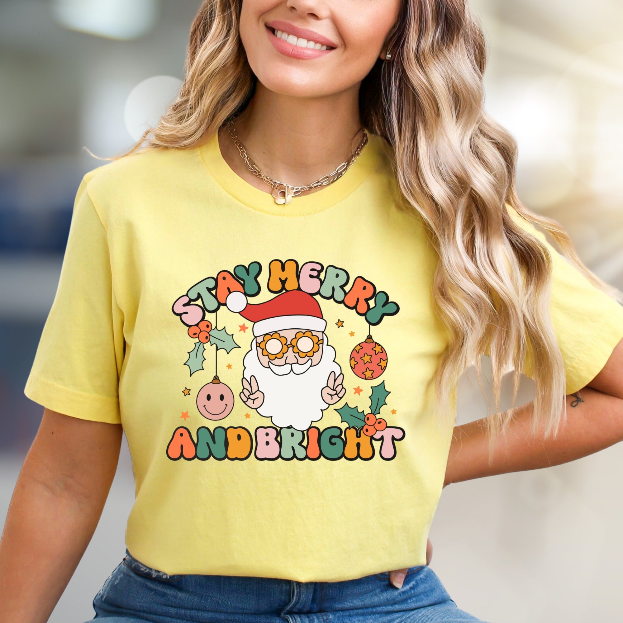 Stay Merry And Bright Santa Graphic Tee, A Retro Christmas Pick for Holiday Lovers