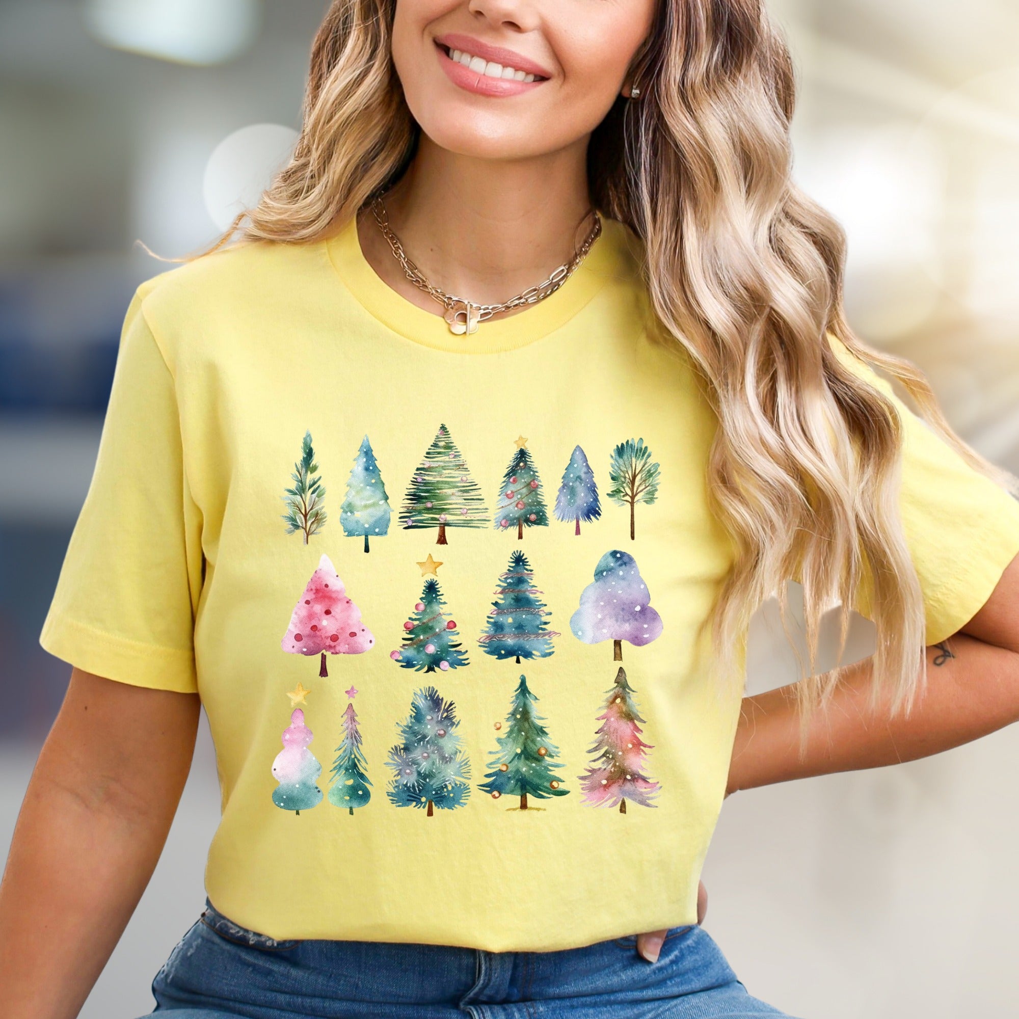 Winter Forest Watercolor Trees Graphic Tee, A Festive Casual Pick for Holiday Lovers