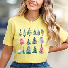 Winter Forest Watercolor Trees Graphic Tee, A Festive Casual Pick for Holiday Lovers