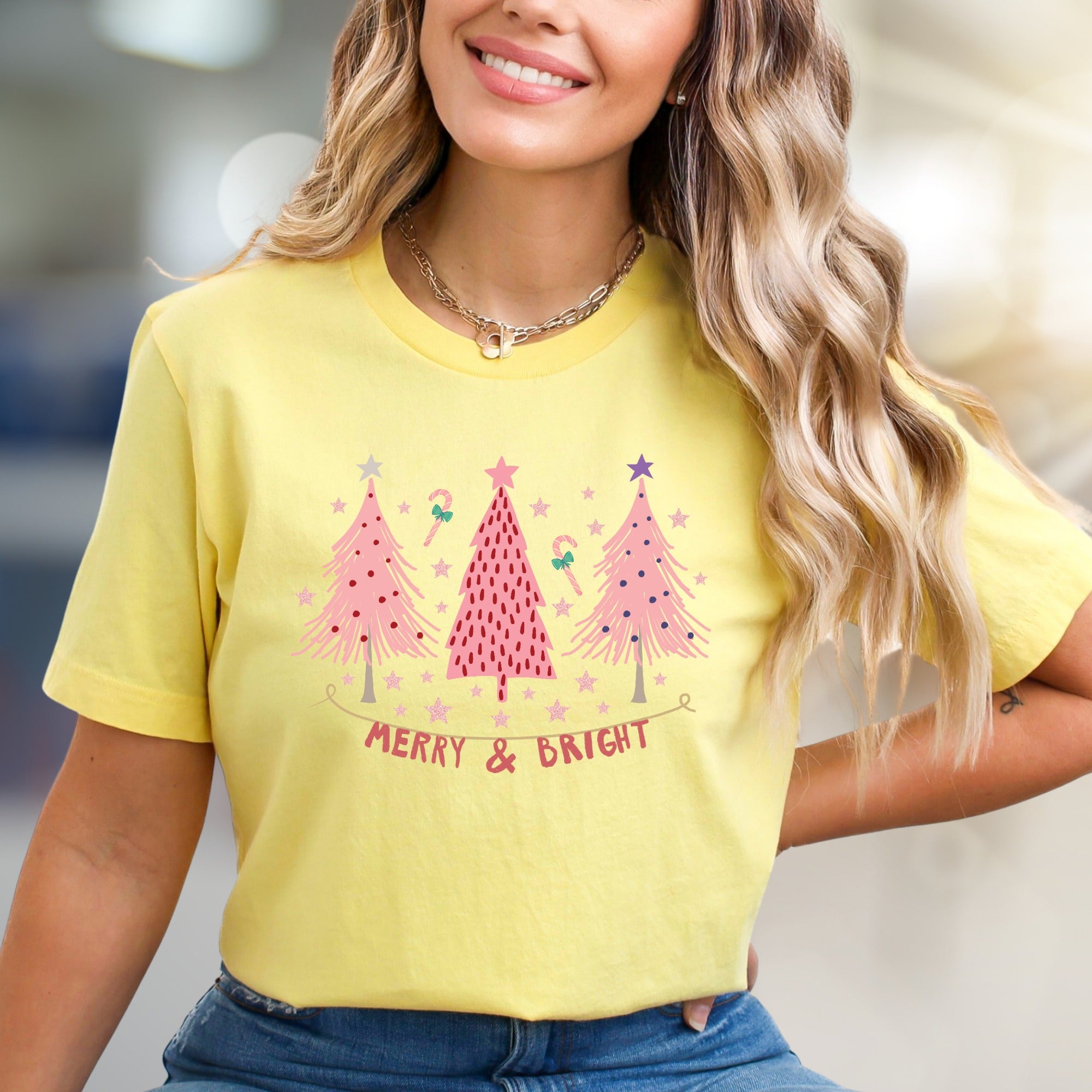 "Merry & Bright" Festive Christmas Trees Graphic Tee, a Whimsical Pick for Holiday Enthusiasts