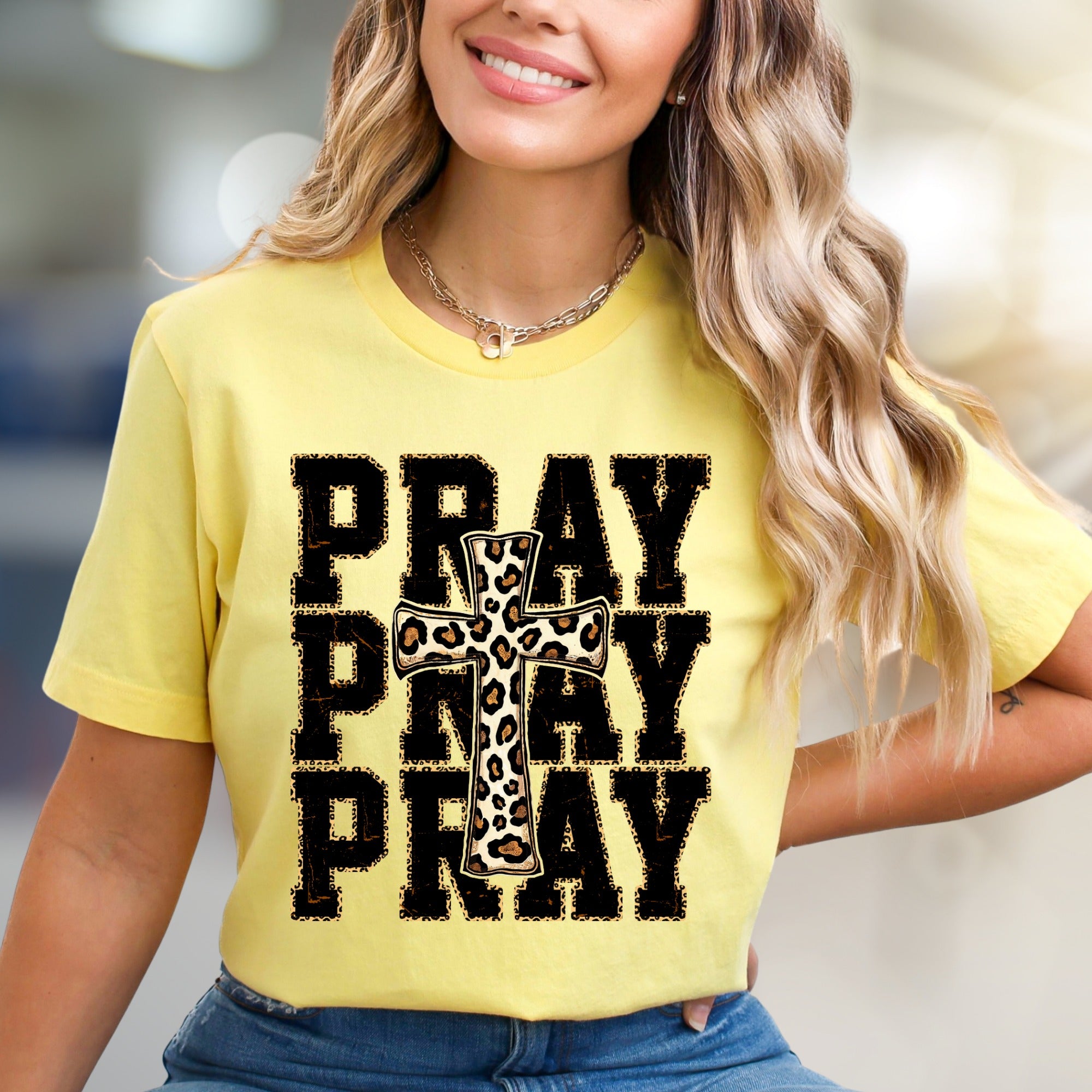 "PRAY" Leopard Print Cross Graphic Tee, a Faith-Inspired Western Pick for Her