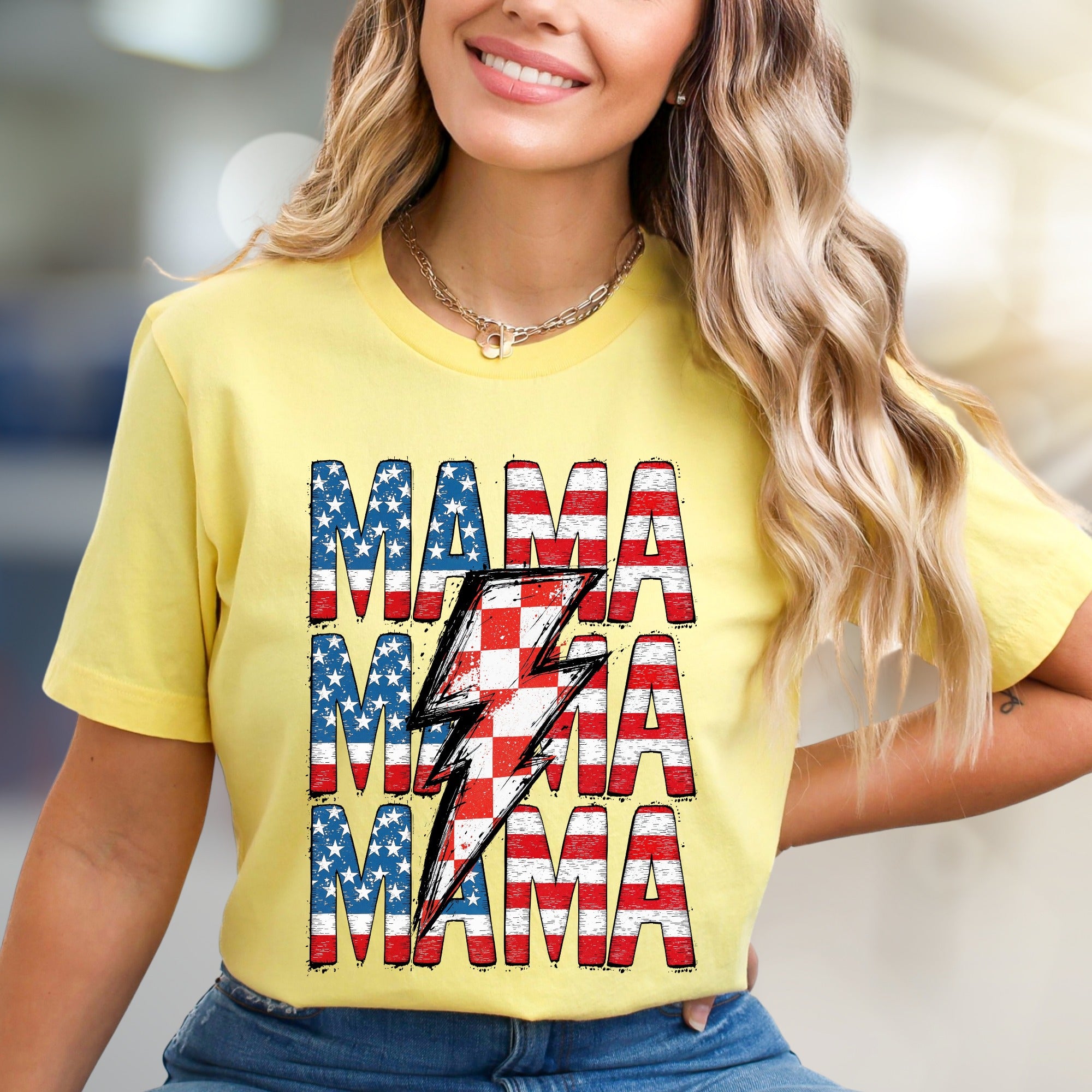 "MAMA" American Flag Lightning Bolt Graphic Tee, a Patriotic Pick for Proud Moms