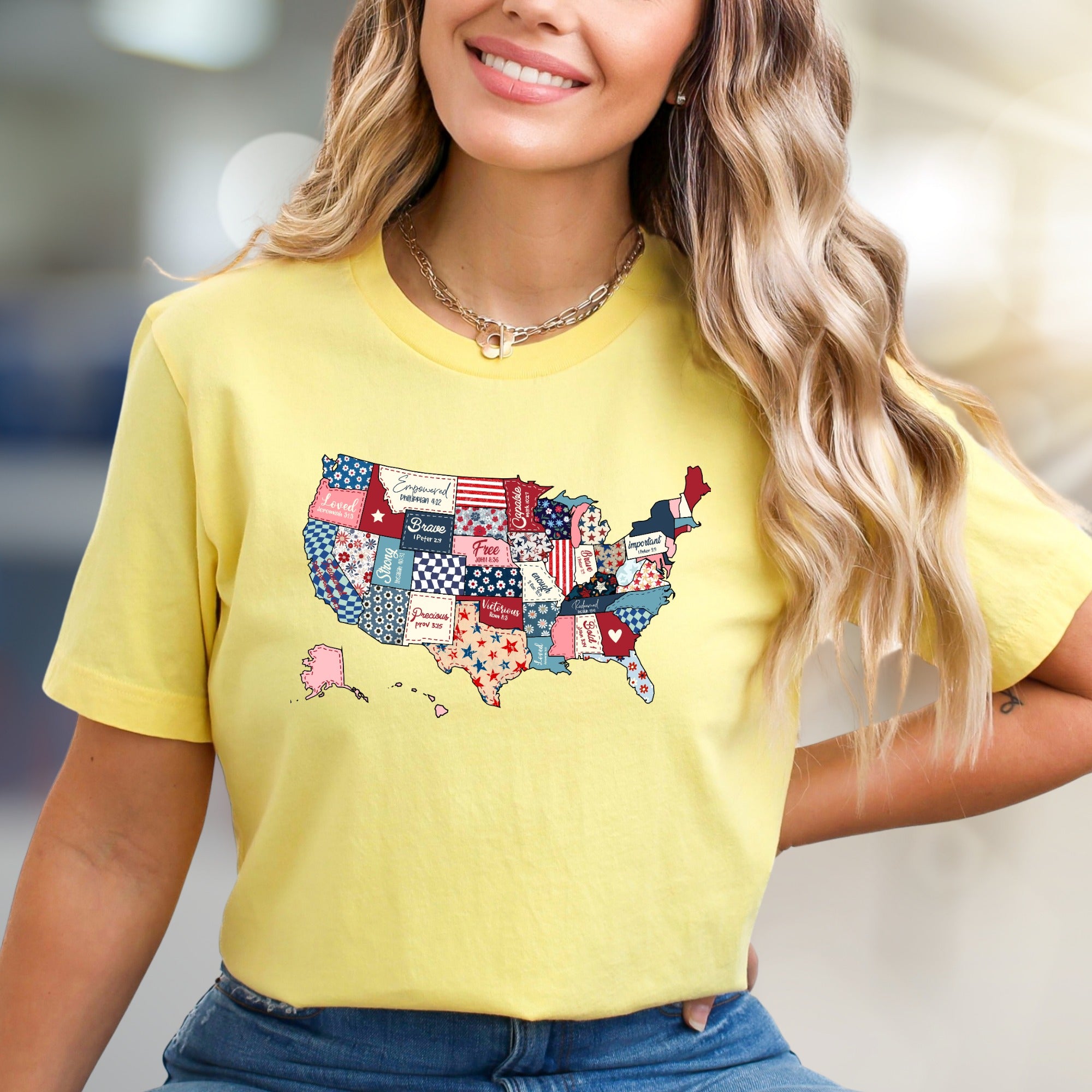 "Loved. Empowered. Brave." Christian Patchwork USA Graphic Tee, a Faith-Inspired Pick for Believers