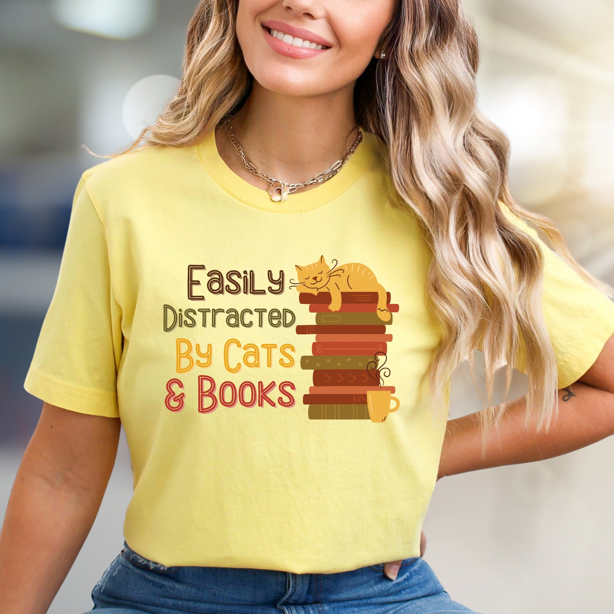 "Easily Distracted By Cats & Books" Cozy Reader Graphic Tee, a Feline Fan Pick for Book Lovers