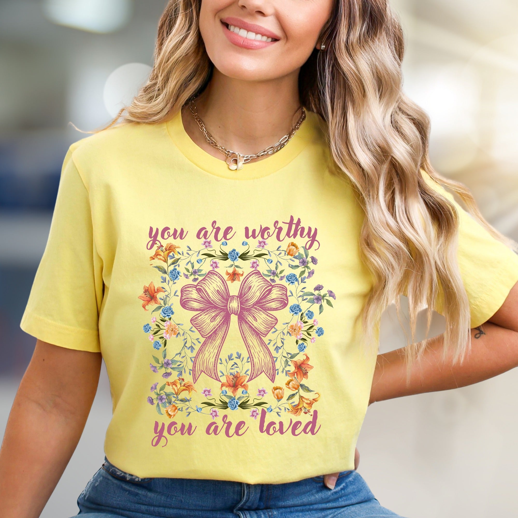 "You Are Worthy You Are Loved" Floral Bow Graphic Tee, a Self-Care Pick for Her