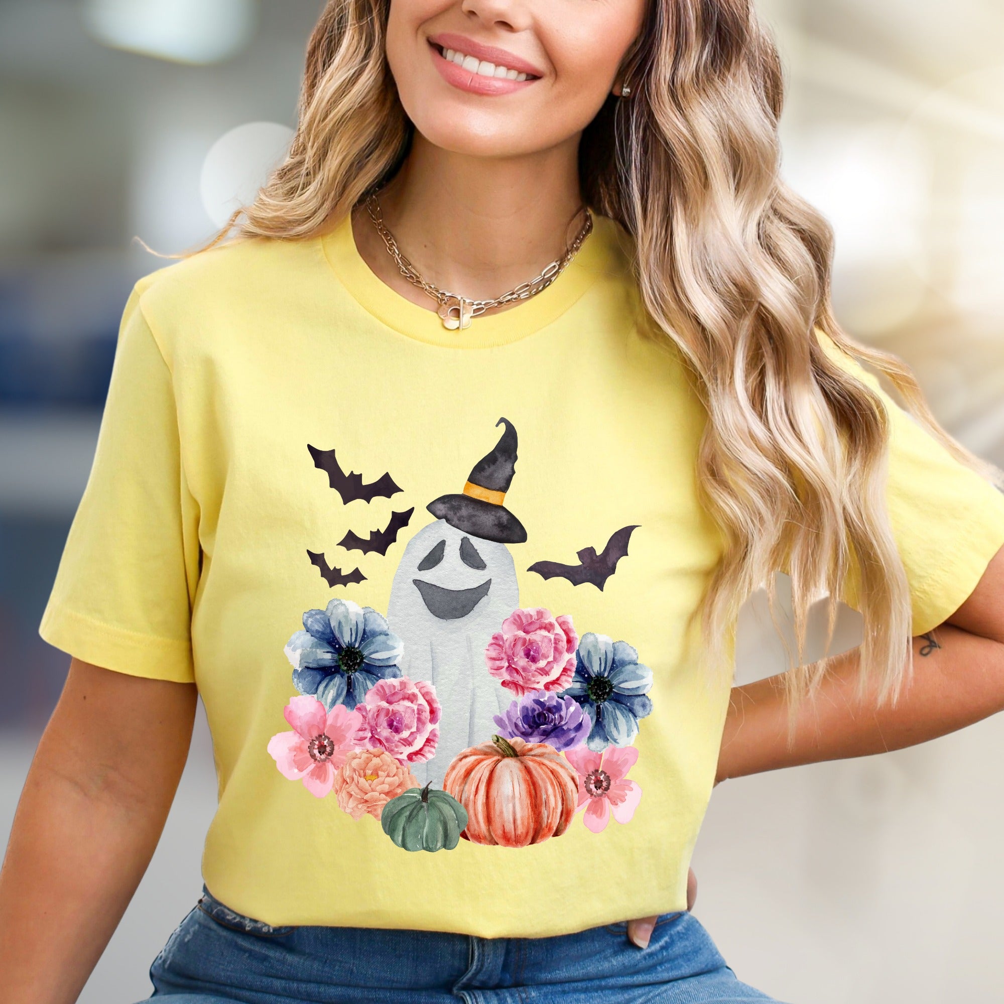 Witch Ghost & Floral Vibes Graphic Tee, a Spooky-Chic Pick for Halloween Lovers