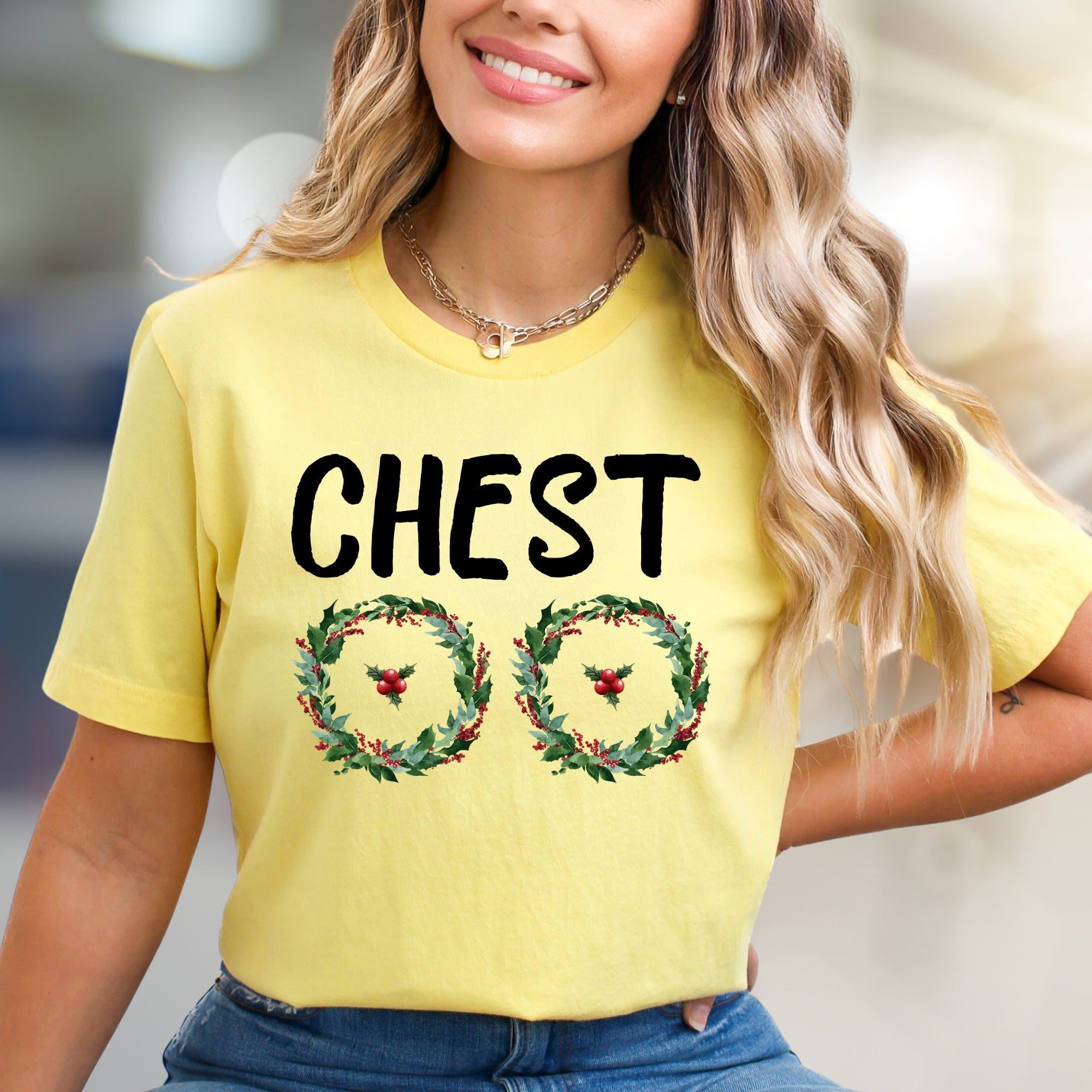 "CHEST" Holiday Wreaths Graphic Tee, a Festive Fun Pick for Christmas Parties