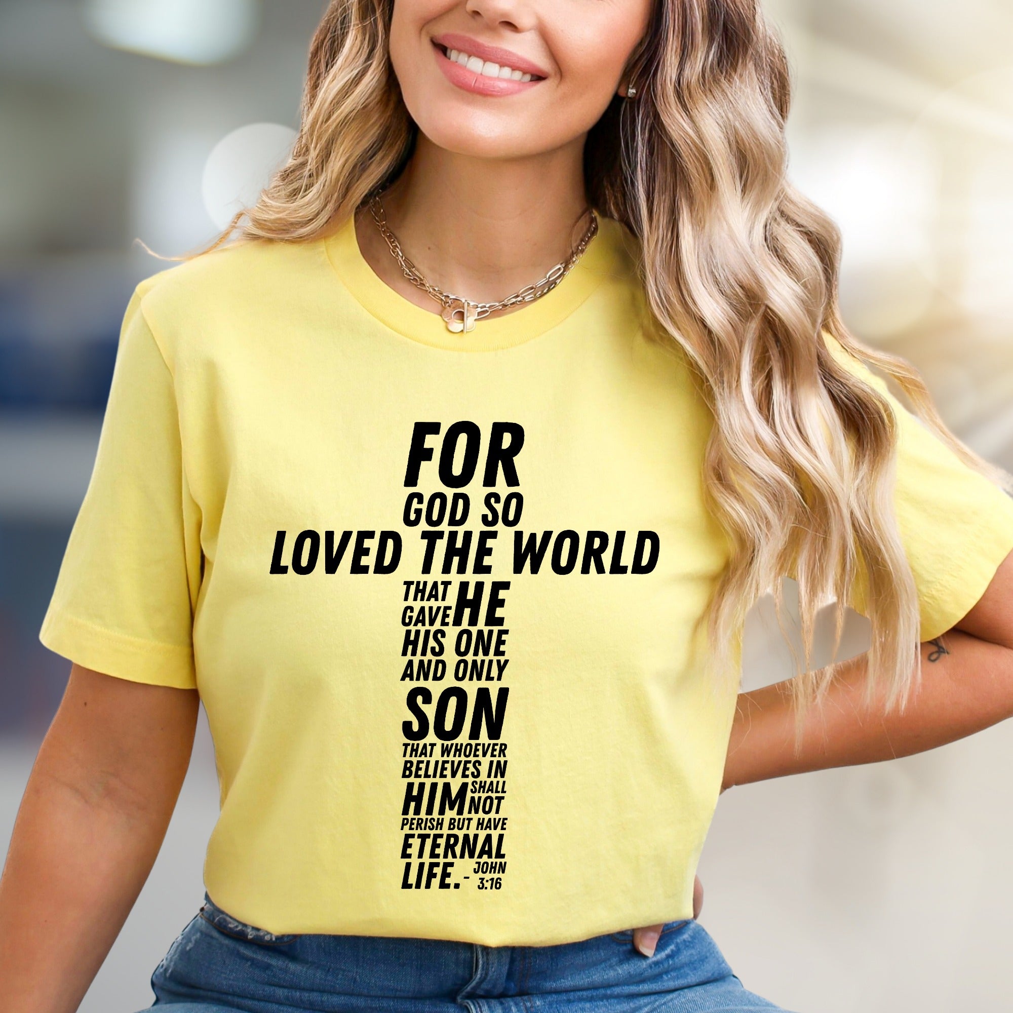 "For God So Loved The World" Scripture Cross Graphic Tee, a Faith-Inspired Pick for Believers