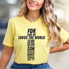 "For God So Loved The World" Scripture Cross Graphic Tee, a Faith-Inspired Pick for Believers