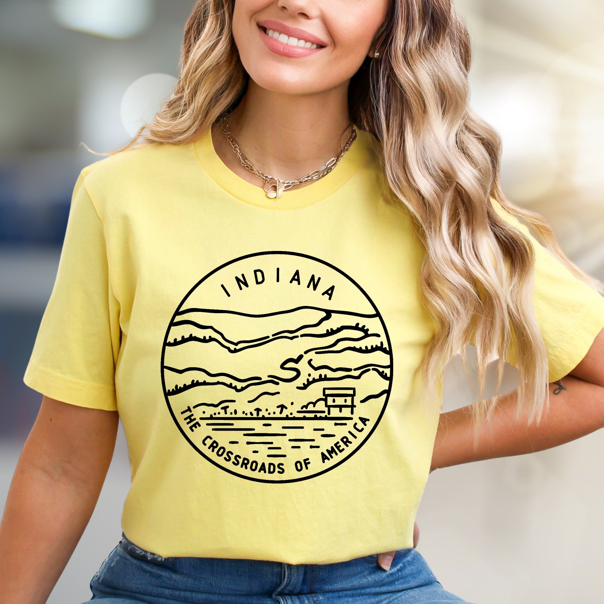 "Indiana The Crossroads of America" Retro Scenic Graphic Tee, a State Pride Pick for Travelers