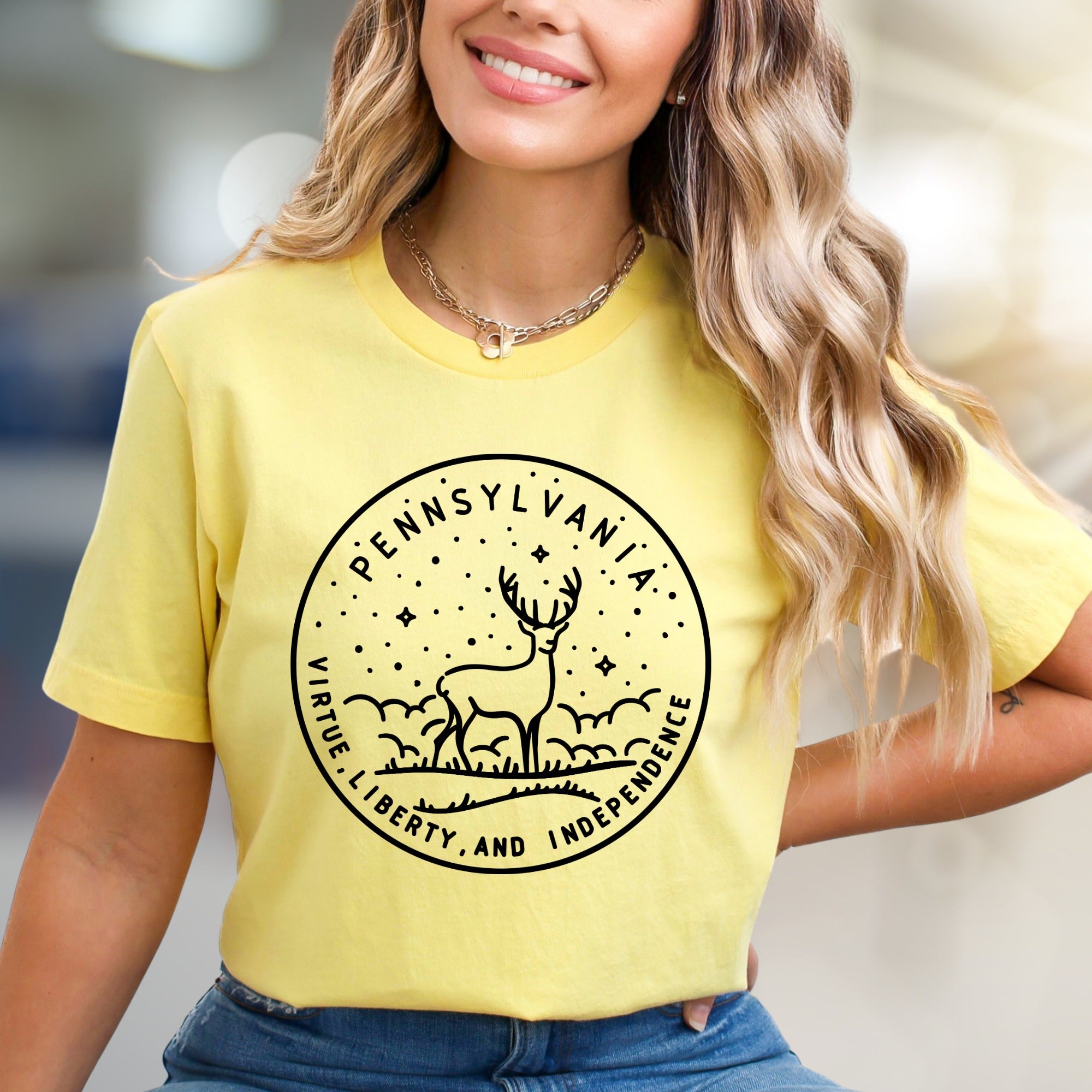 "Pennsylvania Virtue Liberty and Independence" Deer Graphic Tee, a State Pride Pick for Locals & Lovers