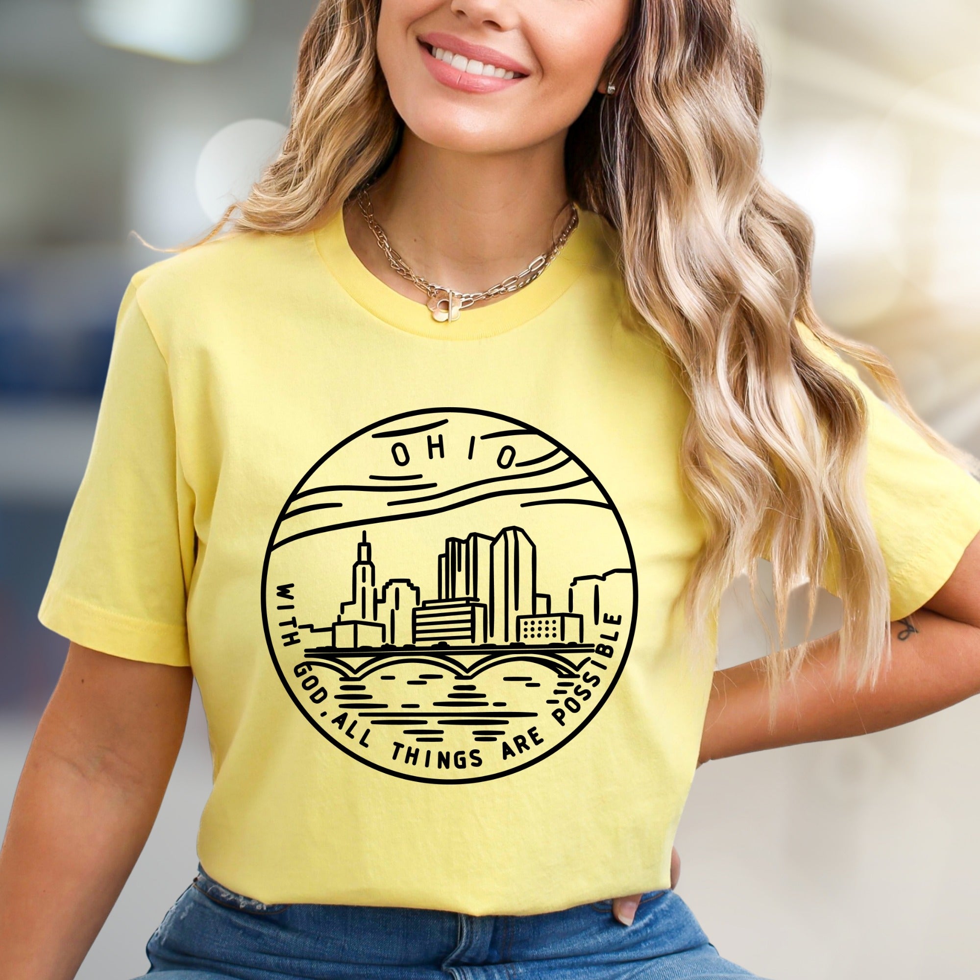 "With God, All Things Are Possible" Ohio Cityscape Graphic Tee, a Faith-Inspired Local Pick for Believers