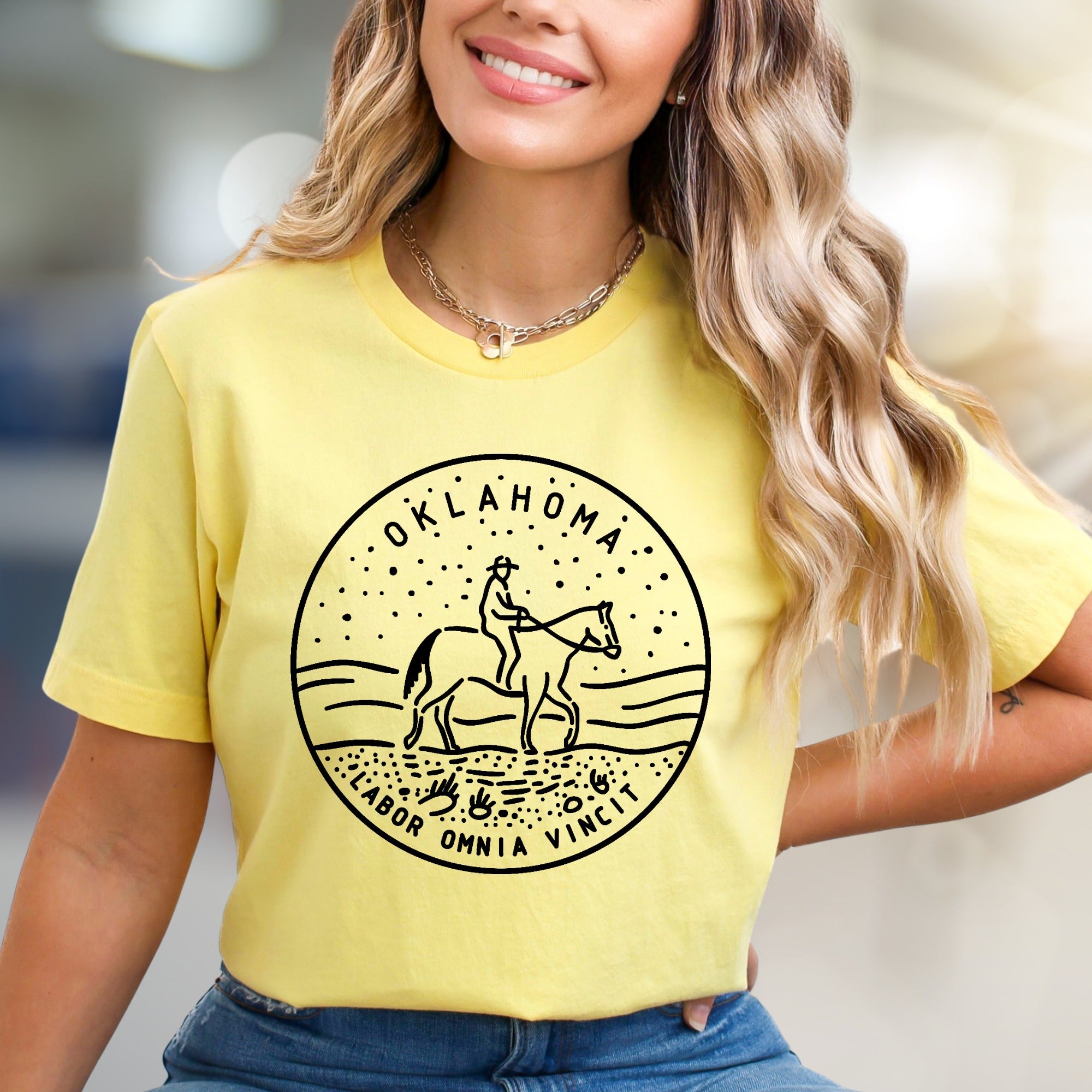Oklahoma Labor Omnia Vincit Horse Rider & Stars Graphic Tee, a Western Enthusiast Pick for Casual Wearers