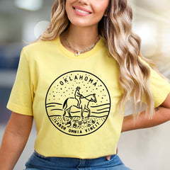 Oklahoma Labor Omnia Vincit Horse Rider & Stars Graphic Tee, a Western Enthusiast Pick for Casual Wearers