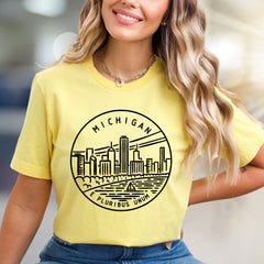 "MICHIGAN E PLURIBUS UNUM" Cityscape Graphic Tee, a State Pride Pick for Travel Enthusiasts