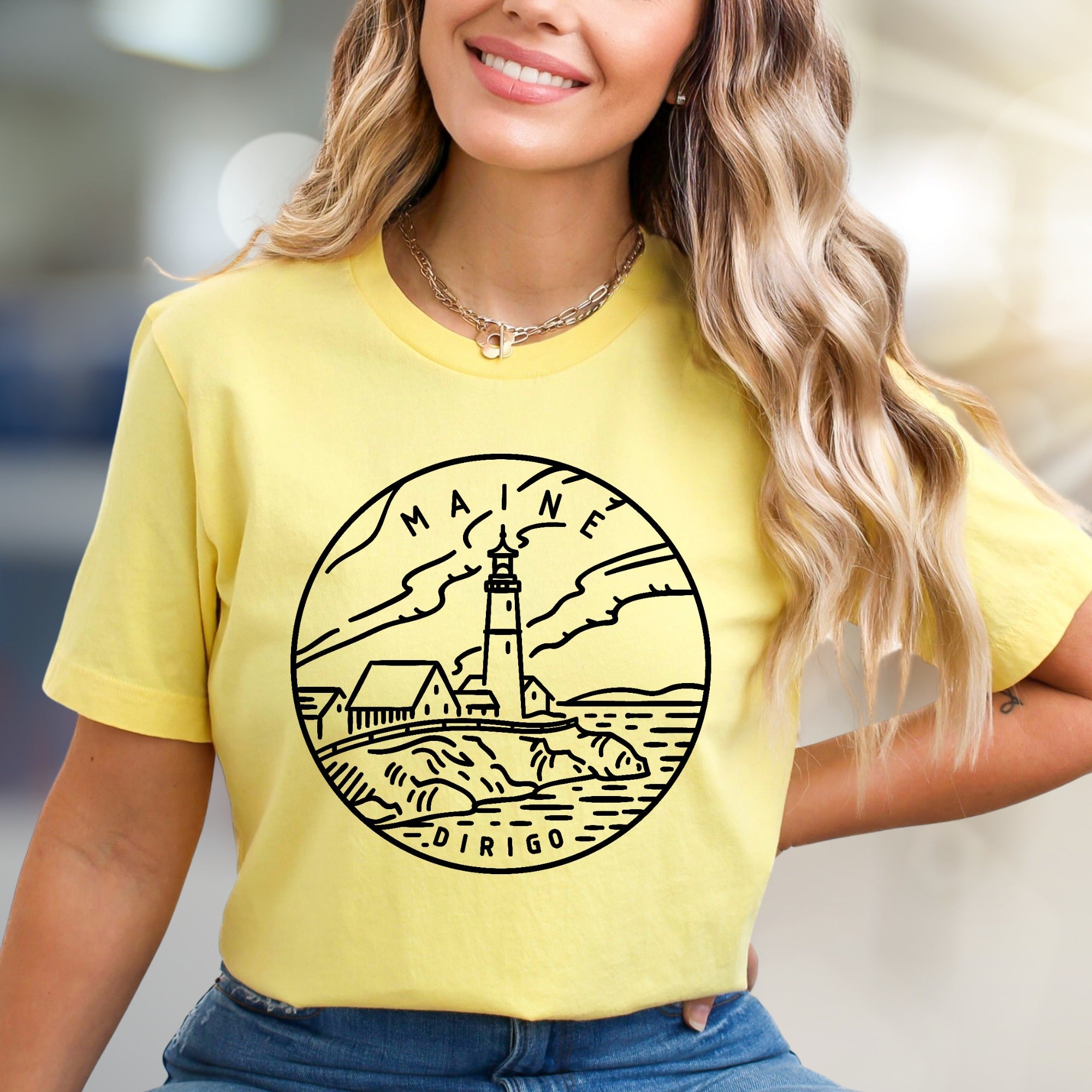 "MAINE DIRIGO" Lighthouse Graphic Tee, a Coastal State Pick for Travelers