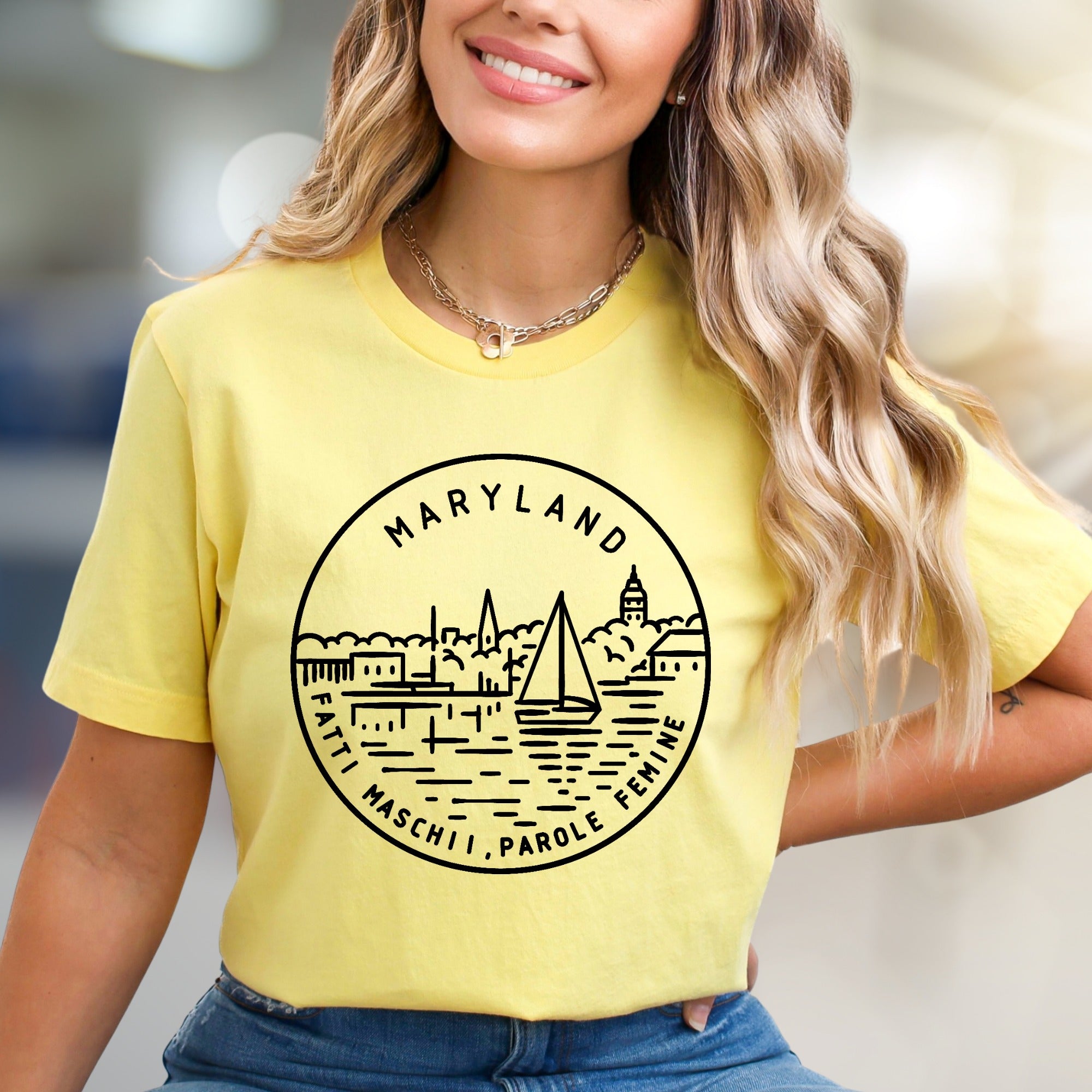 "MARYLAND / FATTI MASCHII, PAROLE FEMINE" Annapolis Harbor Tee, a Nautical State Pride Pick for Maryland Enthusiasts