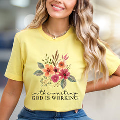 "In The Waiting God Is Working" Floral Graphic Tee, A Faith-Inspired Pick for Believers
