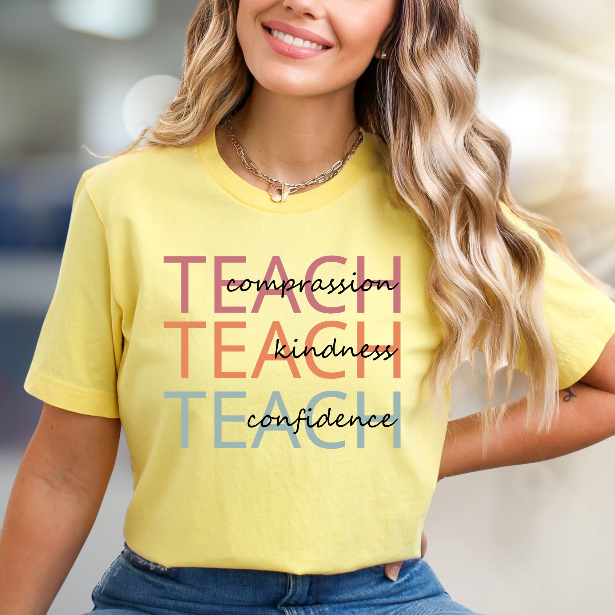 "Teach Compassion, Kindness, Confidence" Modern Educational Graphic Tee, a Thoughtful Pick for Educators