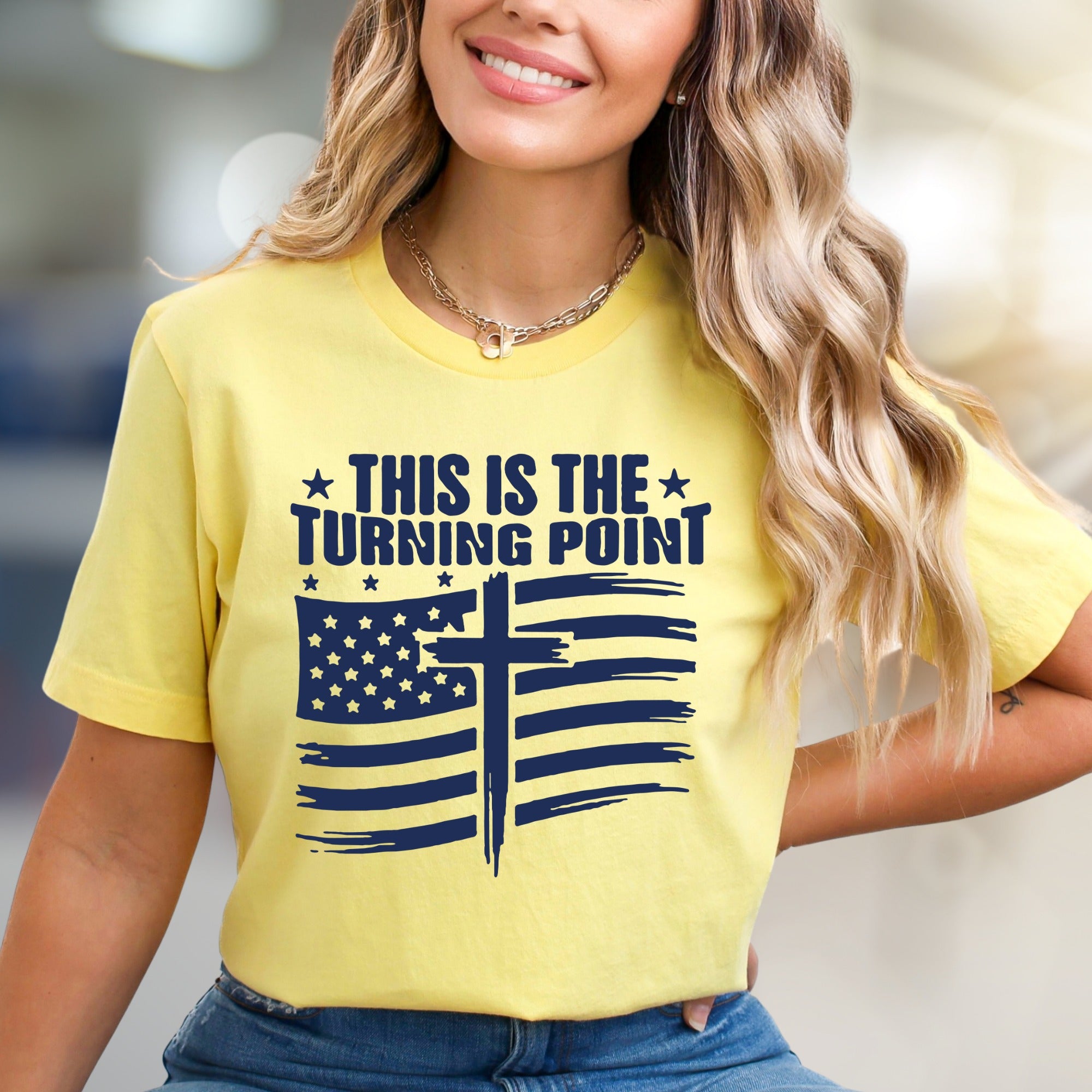 "THIS IS THE TURNING POINT" American Flag Cross Graphic Tee, a Faith-Inspired Statement