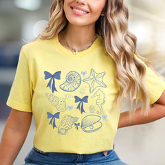 Oceanic Bows & Seashells Graphic Tee, a Whimsical Coastal Pick for Beach Lovers