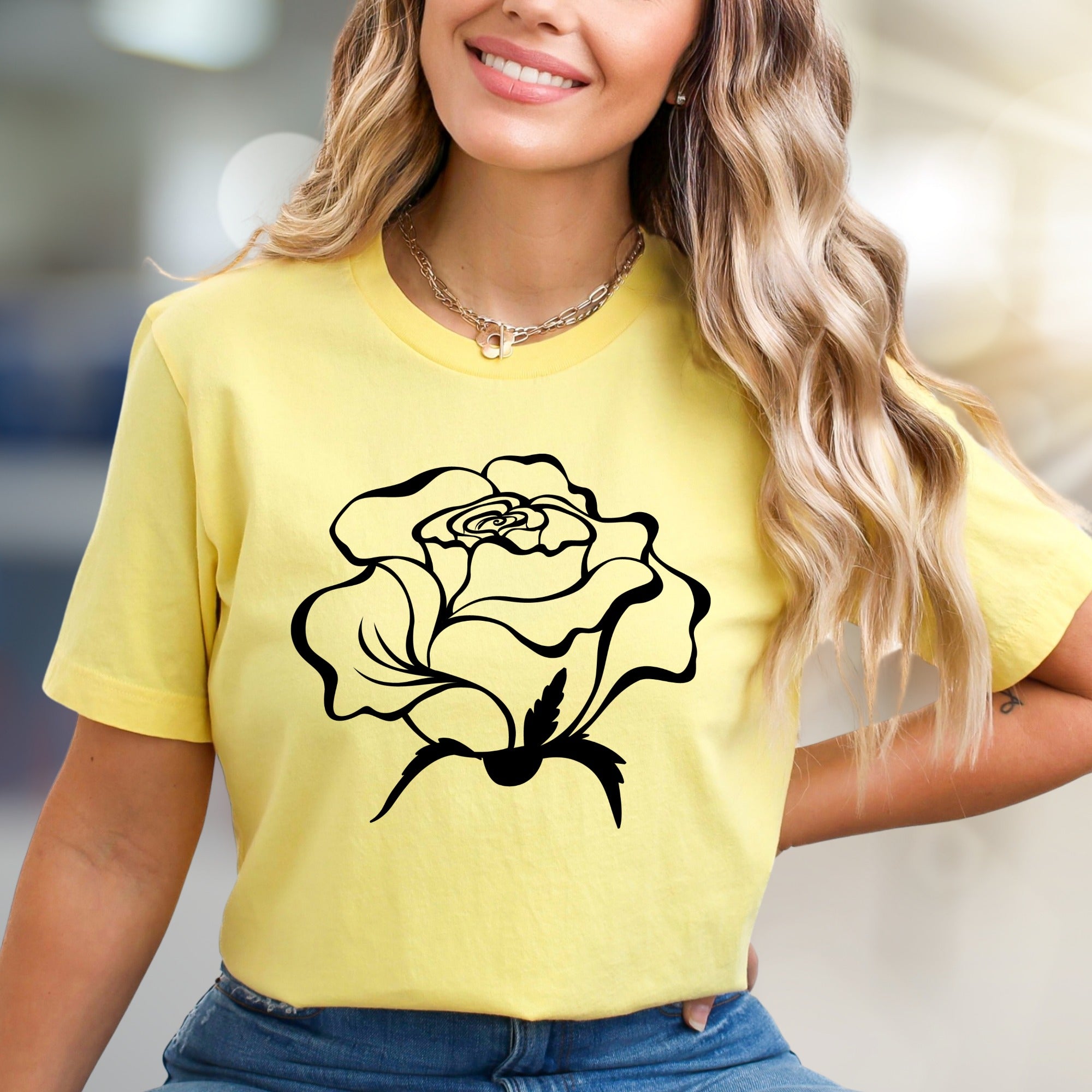 White Outline Rose Graphic Tee, a Floral Art Aesthetic for Everyday Style