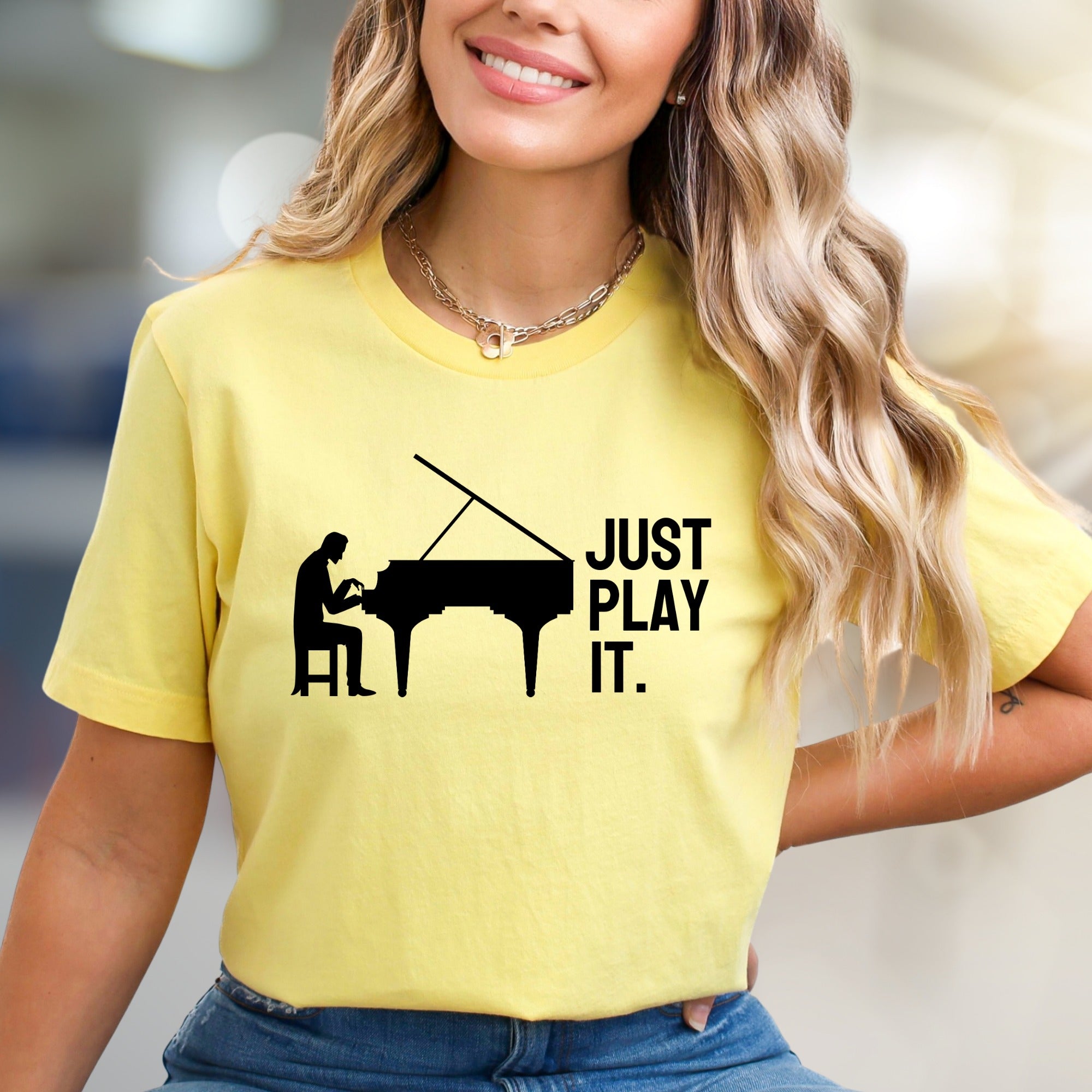"JUST PLAY IT." Piano Graphic Tee, a Music Lover's Pick for Everyday Style