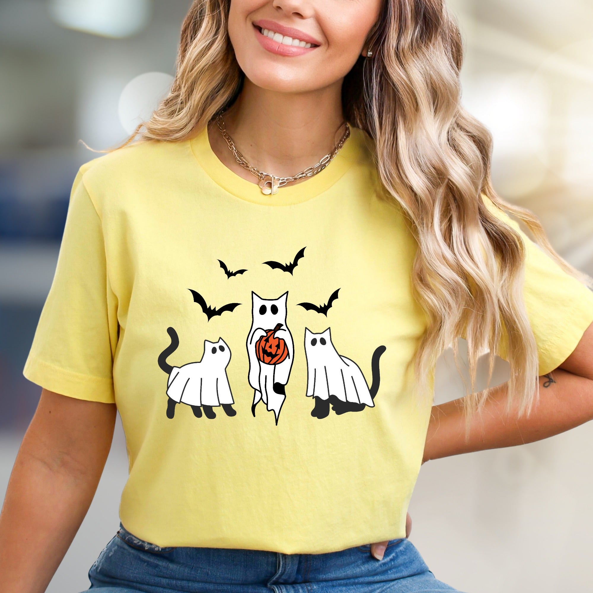 Trick-or-Treat Ghost Cats Halloween Graphic Tee, a Spooky-Cute Pick for Festive Souls