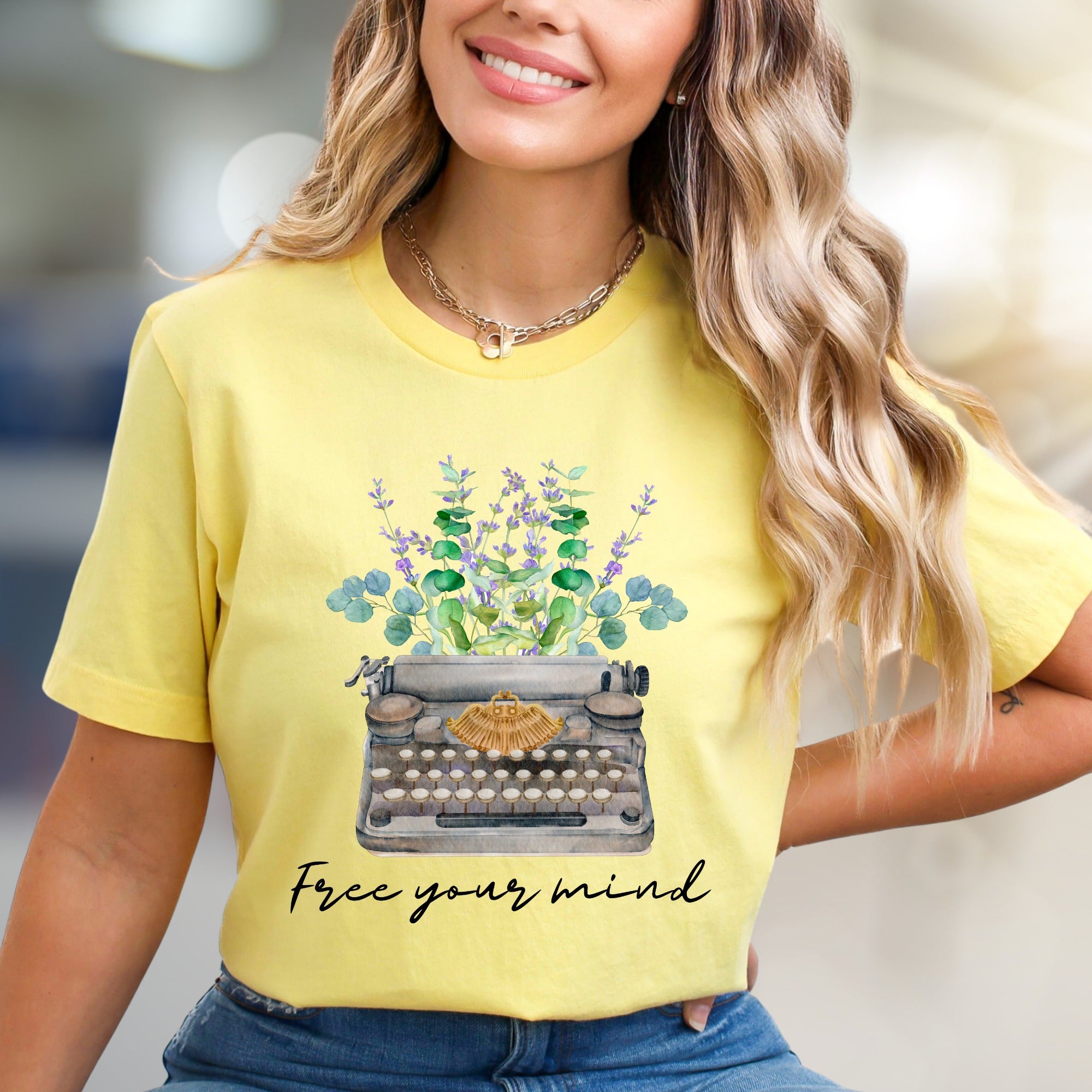 "Free Your Mind" Typewriter Floral Graphic Tee, a Creative Expression Unisex Tee