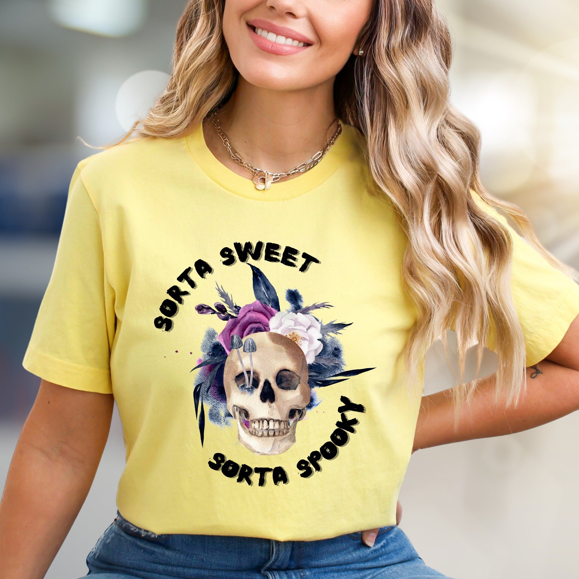 "Sorta Sweet Sorta Spooky" Skull Graphic Tee, a Gothic Chic Pick for Halloween Lovers