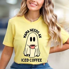 "Mama Needs An Iced Coffee" Spooky Coffee Lover Graphic Tee, a Humorous Mom Pick for Everyday Comfort