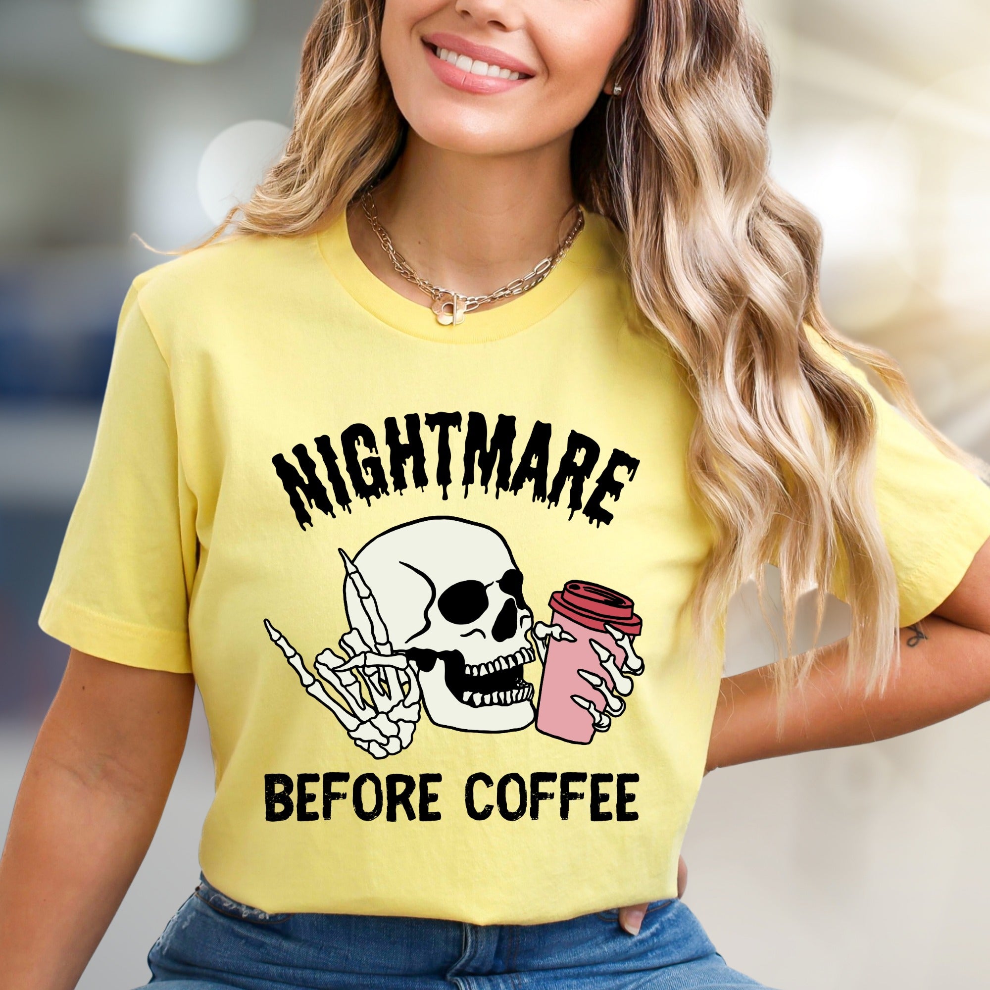 "NIGHTMARE BEFORE COFFEE" Humorous Skeleton Graphic Tee, a Witty Statement for Coffee Lovers