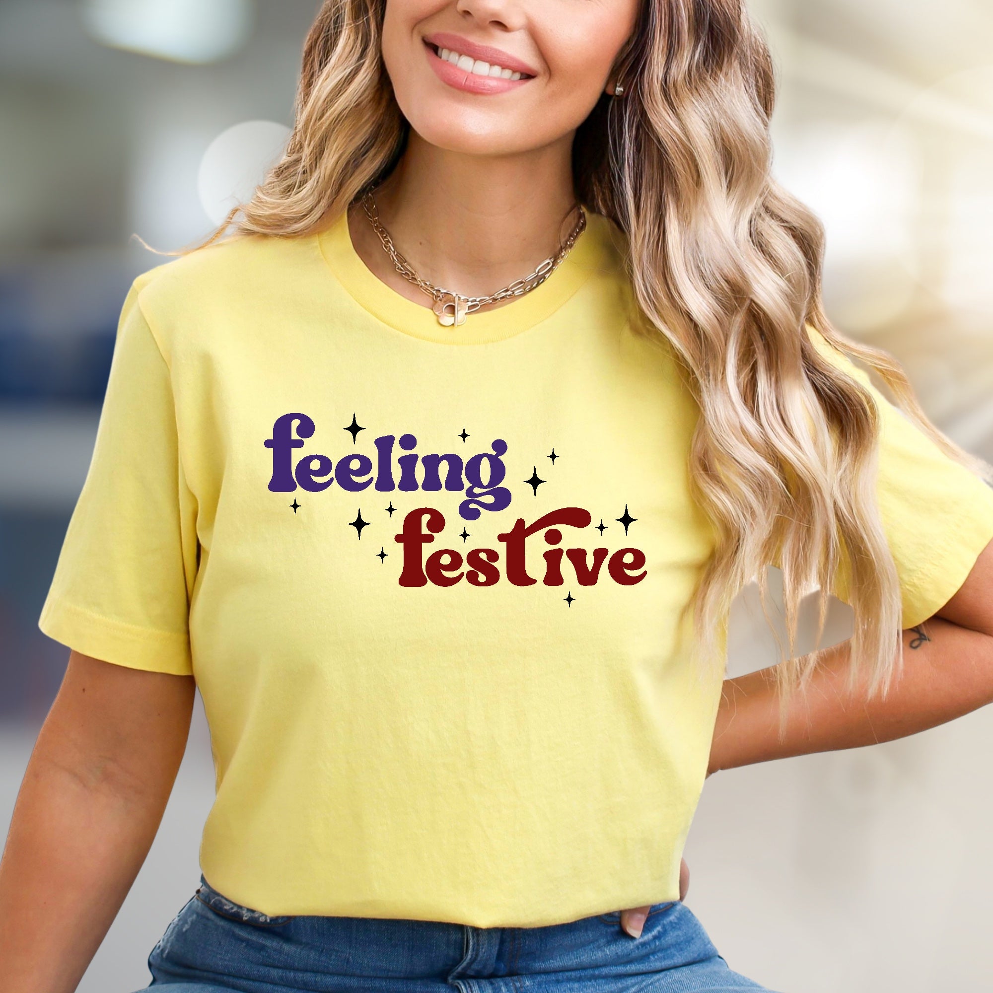"Feeling Festive" Groovy Graphic Tee, a Holiday Vibe Pick for Celebration Enthusiasts