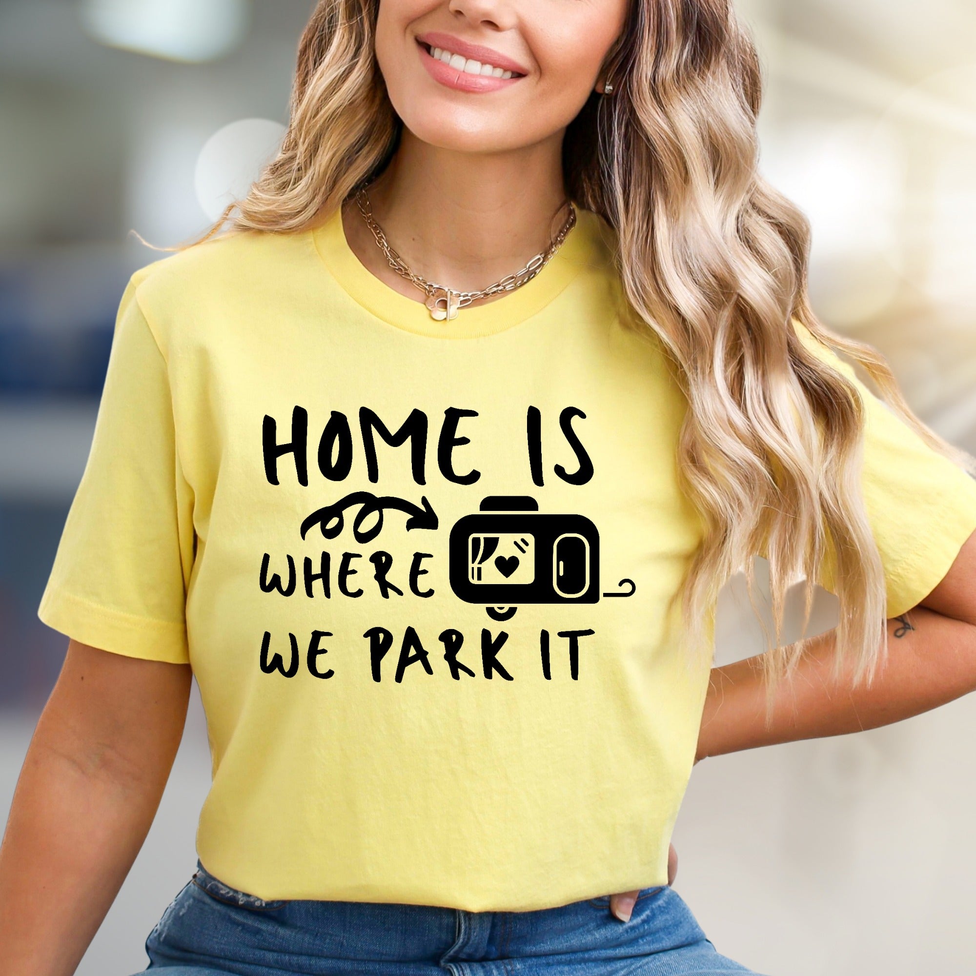 "HOME IS WHERE WE PARK IT" Camper Graphic Tee, A Laid-Back Travel Shirt for RV Lovers