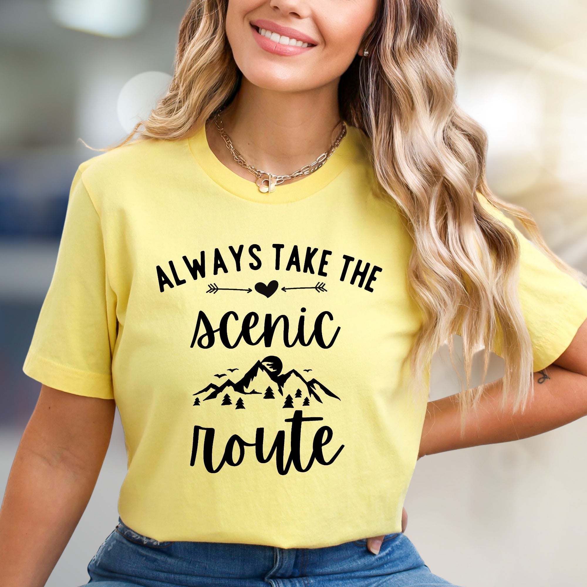 "Always Take the Scenic Route" Mountain Graphic Tee, a Nature Lover's Pick for Adventurers