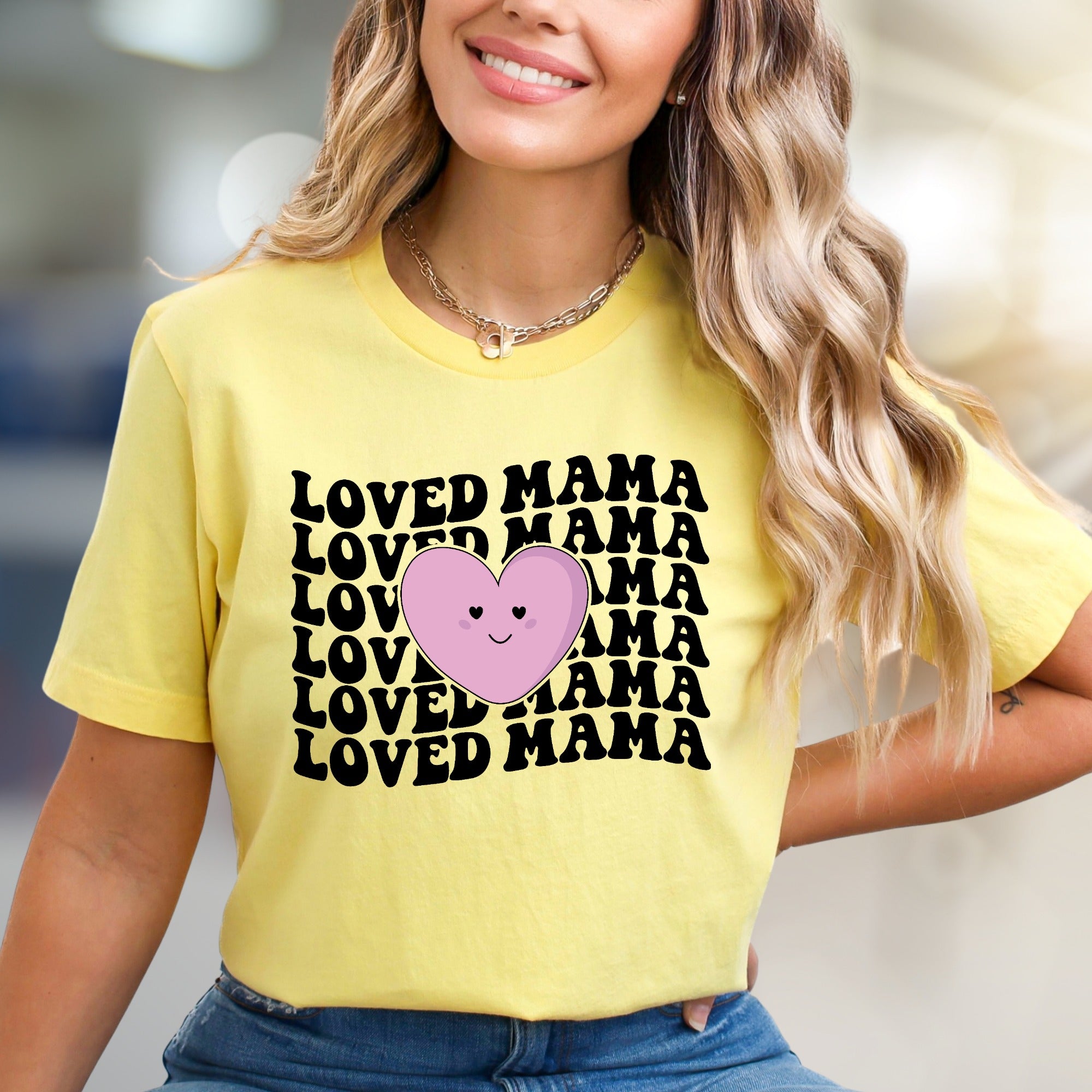 "Loved Mama" Retro Heart Graphic Tee, a Sweet Motherhood Pick for Her