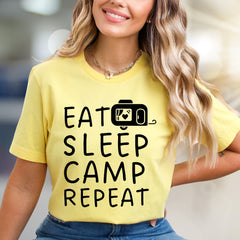 "EAT SLEEP CAMP REPEAT" Camper Graphic Tee, a Outdoorsy Pick for Enthusiasts