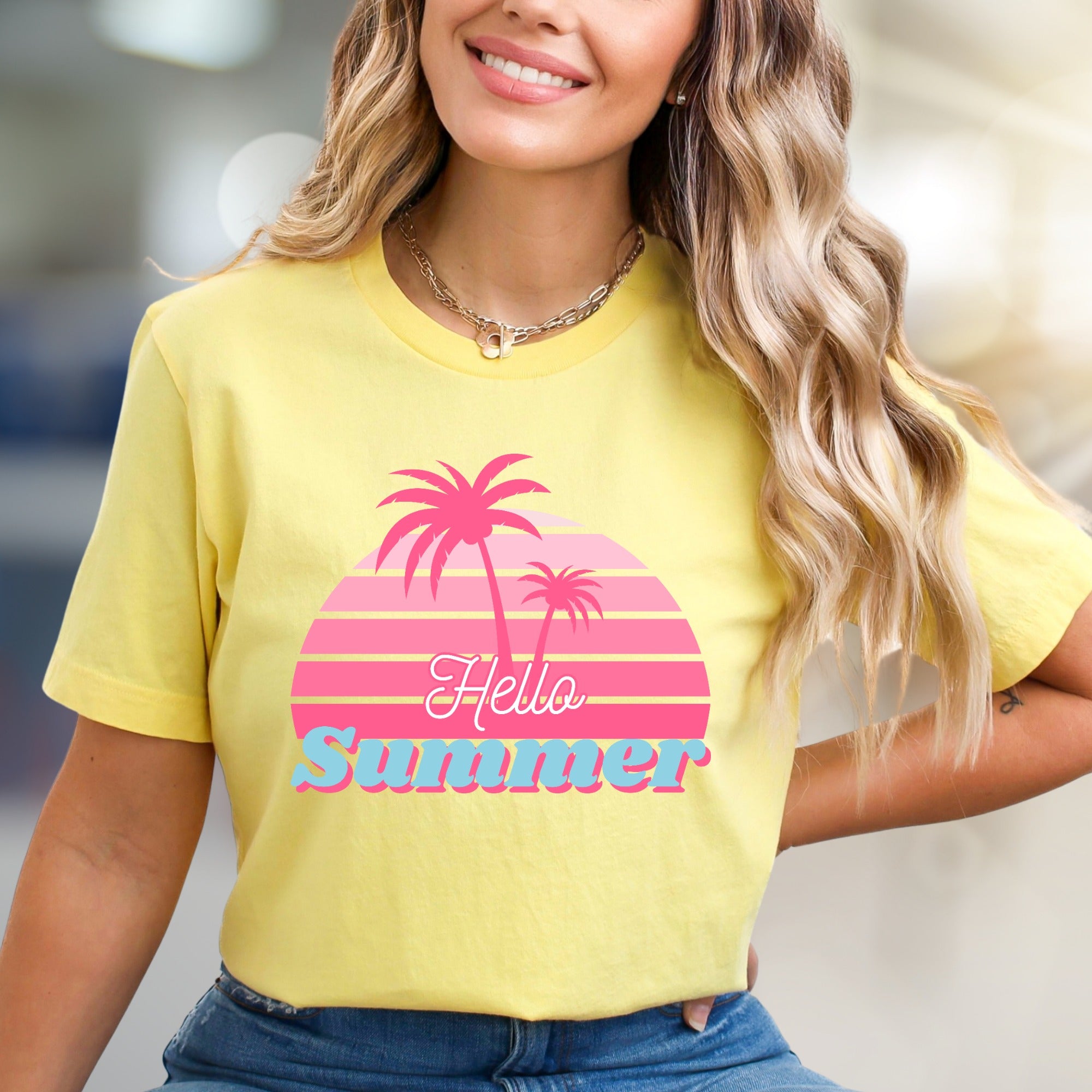 "Hello Summer" Tropical Sunset Graphic Tee, a Vacation Vibes Pick for Beach Lovers